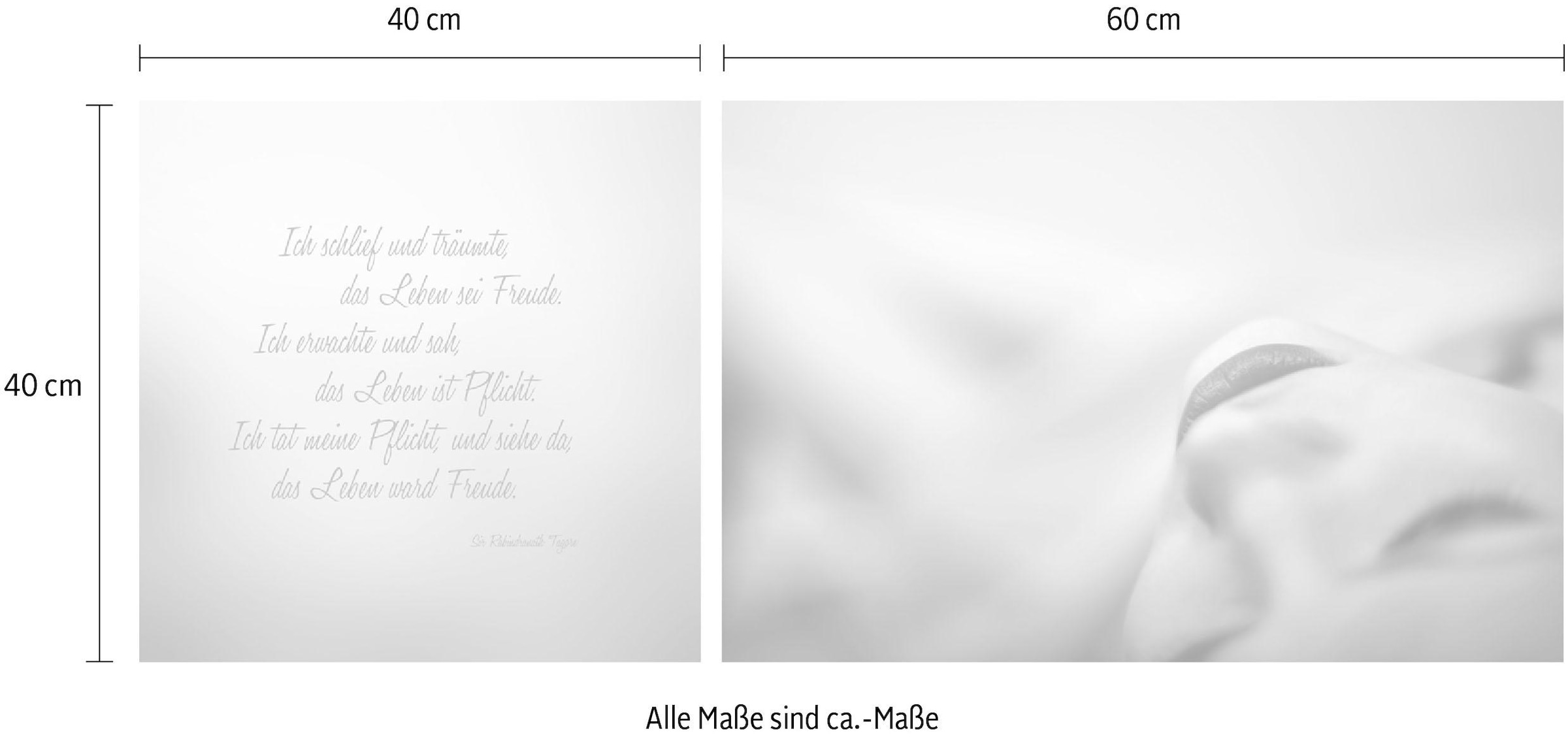 queence Leinwandbild »Freude & Pflicht«, Foto-Menschen-Kunst-Modern-Spa-Spa Bilder-Sprüche-Sprüche & Texte-Schriftzug-Schriftzüge-Liebessprüche, (Set), Premium-Leinwandstoff, Handarbeit aus Deutschland, Zitat, 2er Set