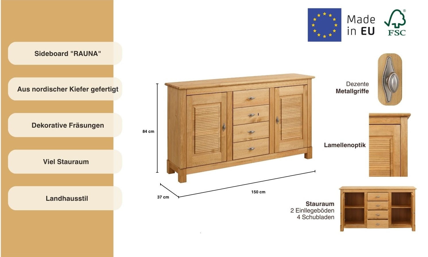 Home affaire Sideboard »Rauna«, (B/T/H: 150/37/84 cm), Kommode, FSC®-zertifiziertes Massivholz, Breite 150 cm