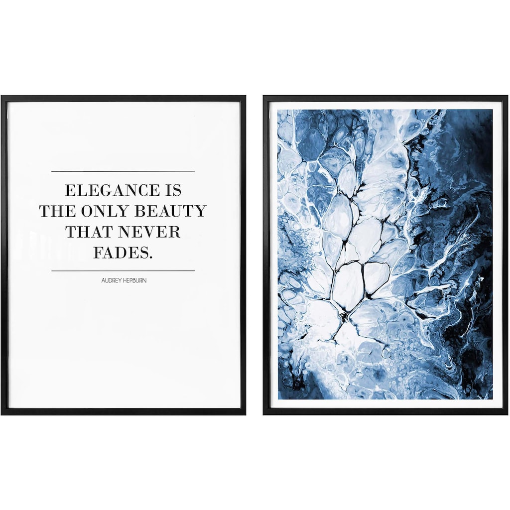 Wall-Art Poster »Blaue Eleganz Kunstdruck mit Zitat«, Landschaften, (Set, 2 St.)