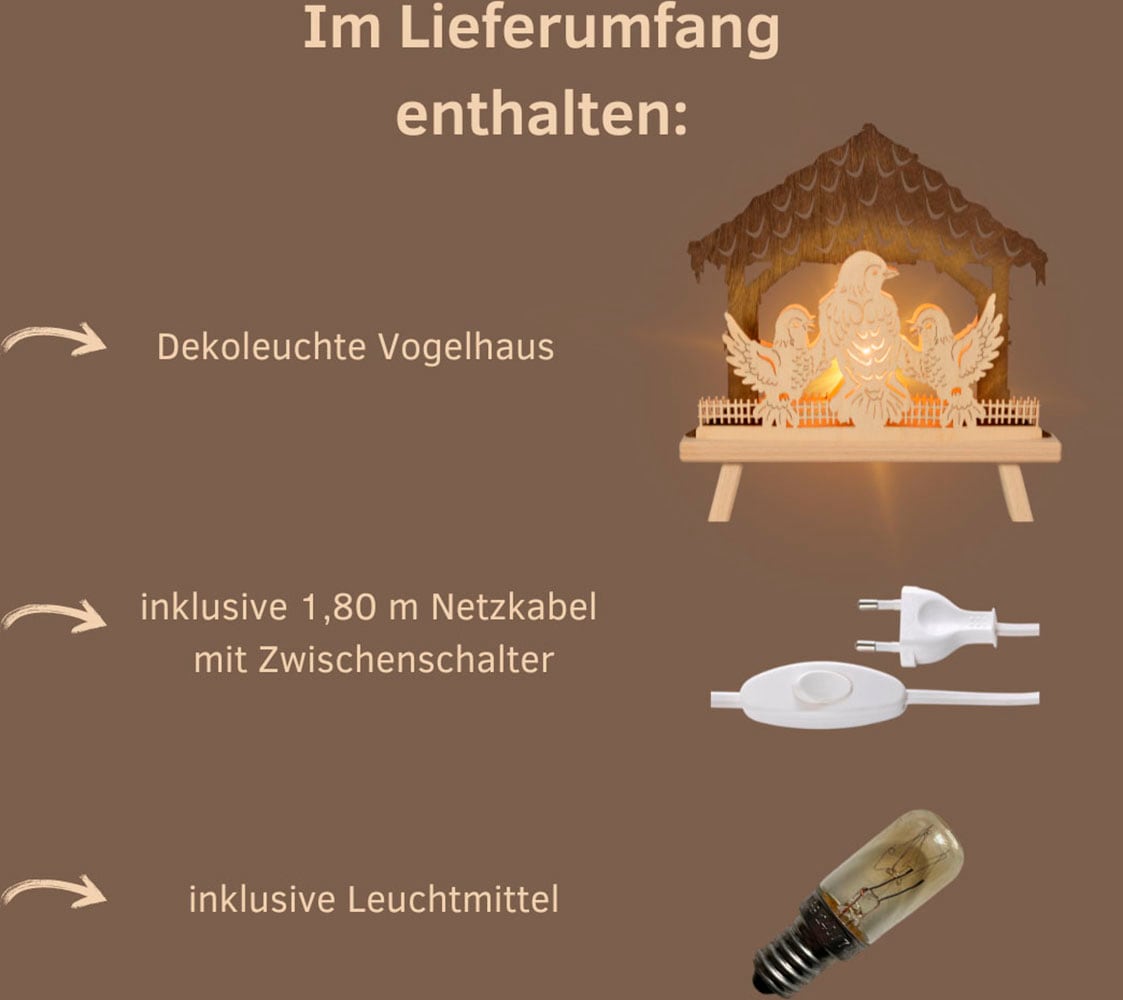 Weigla Lichterbogen »Vogelhaus, Dekoleuchte, NATUR-BRAUN, Winterdeko, Herbstdeko«, Erzgebirge garantiert, Weihnachtsdeko Innen, Weihnachtsbeleuchtung