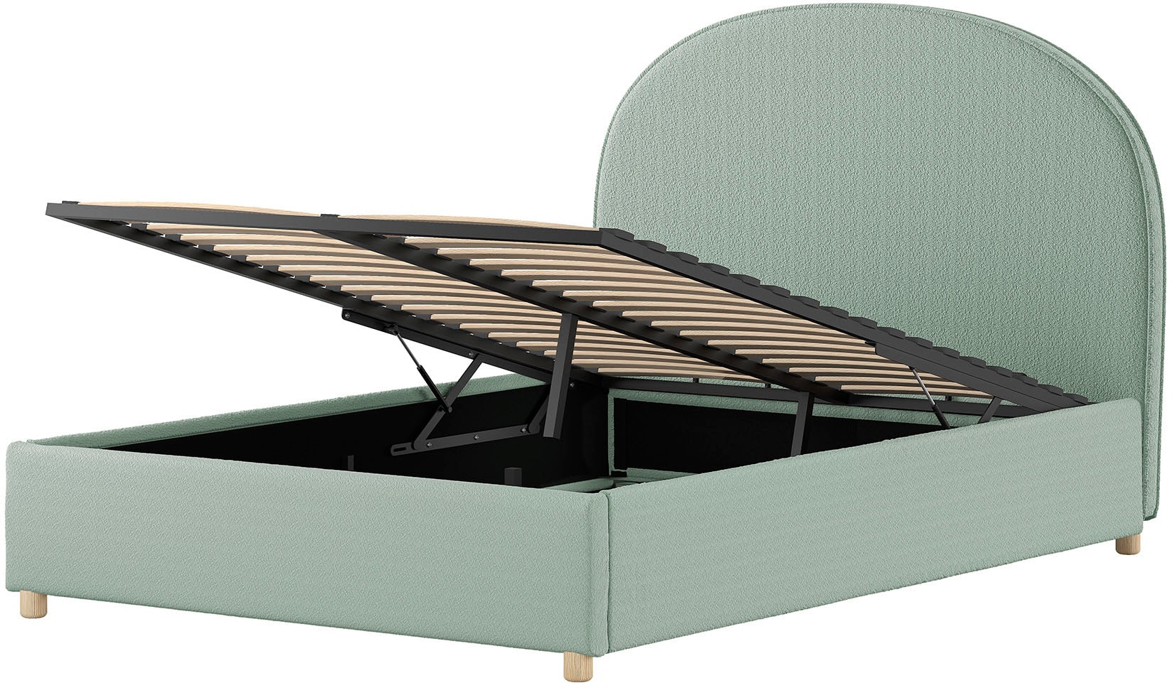 Vipack Boxbett »Moon, mit Lattenrost und Stauraum, modernes Design«, (gerundetes Kopfteil und in 2 Breiten erhältlich), inkl. Massivholz Füßen in natur, 3 Stoff Farben zur Auswahl