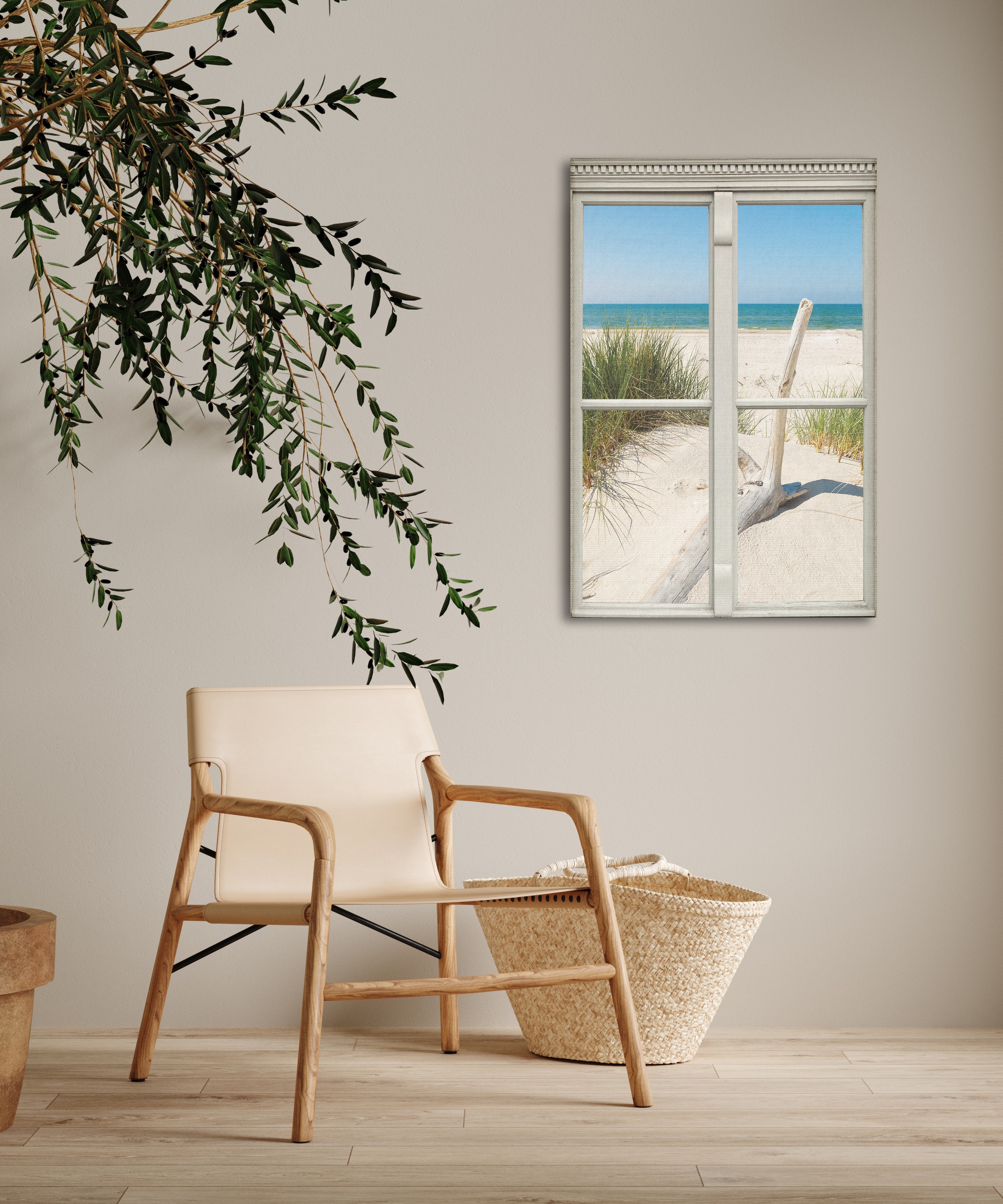 queence Leinwandbild »Langeoog«, Düne-Gräser-Natur-Meer-Fensterblick, (1 St.), Premium-Leinwandstoff, Handarbeit aus Deutschland