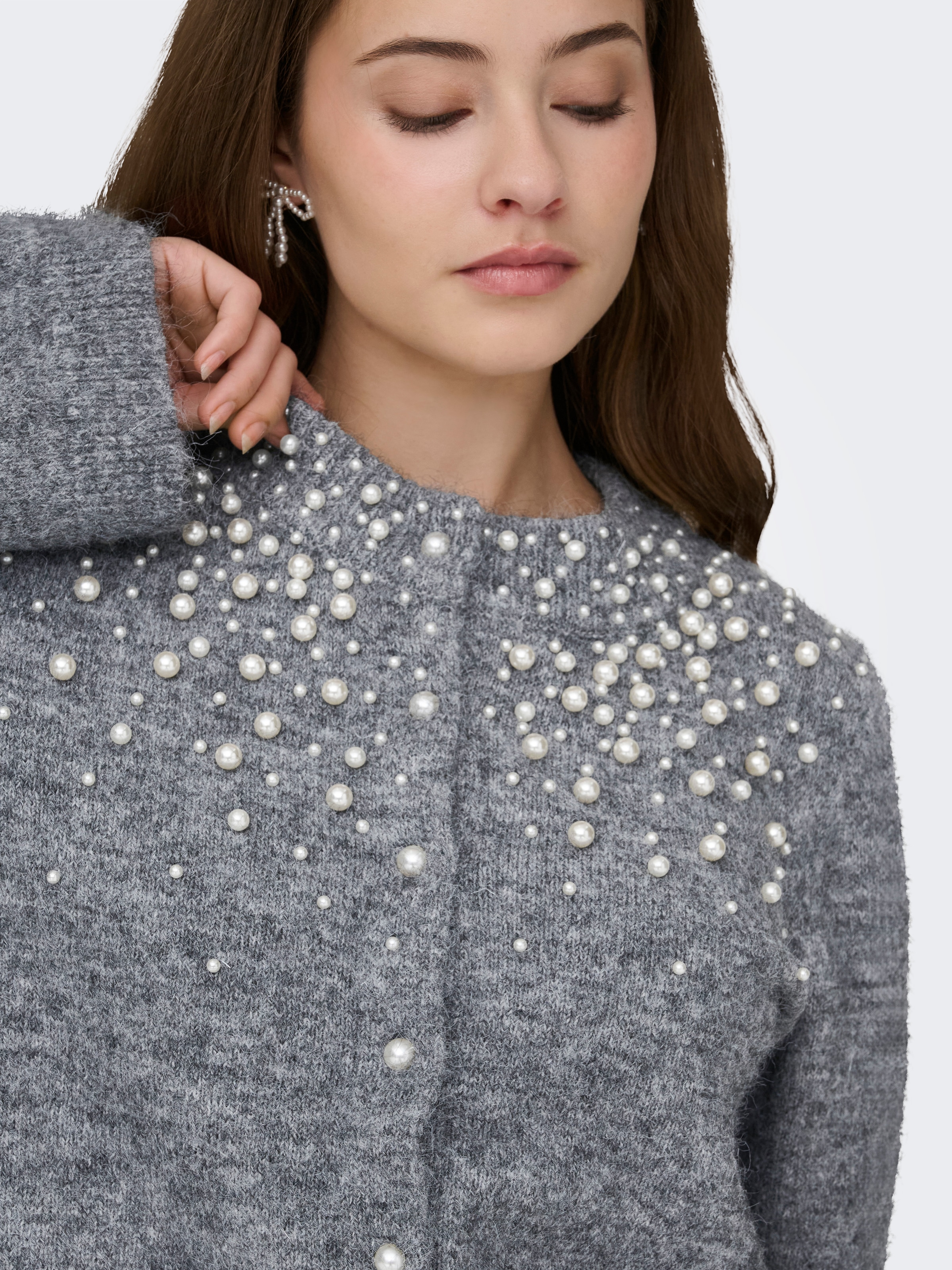 ONLY Strickjacke »ONLMIGGIE LS O-NECK PEARL CARDIGA EX KNT« Materialmix, regular fit