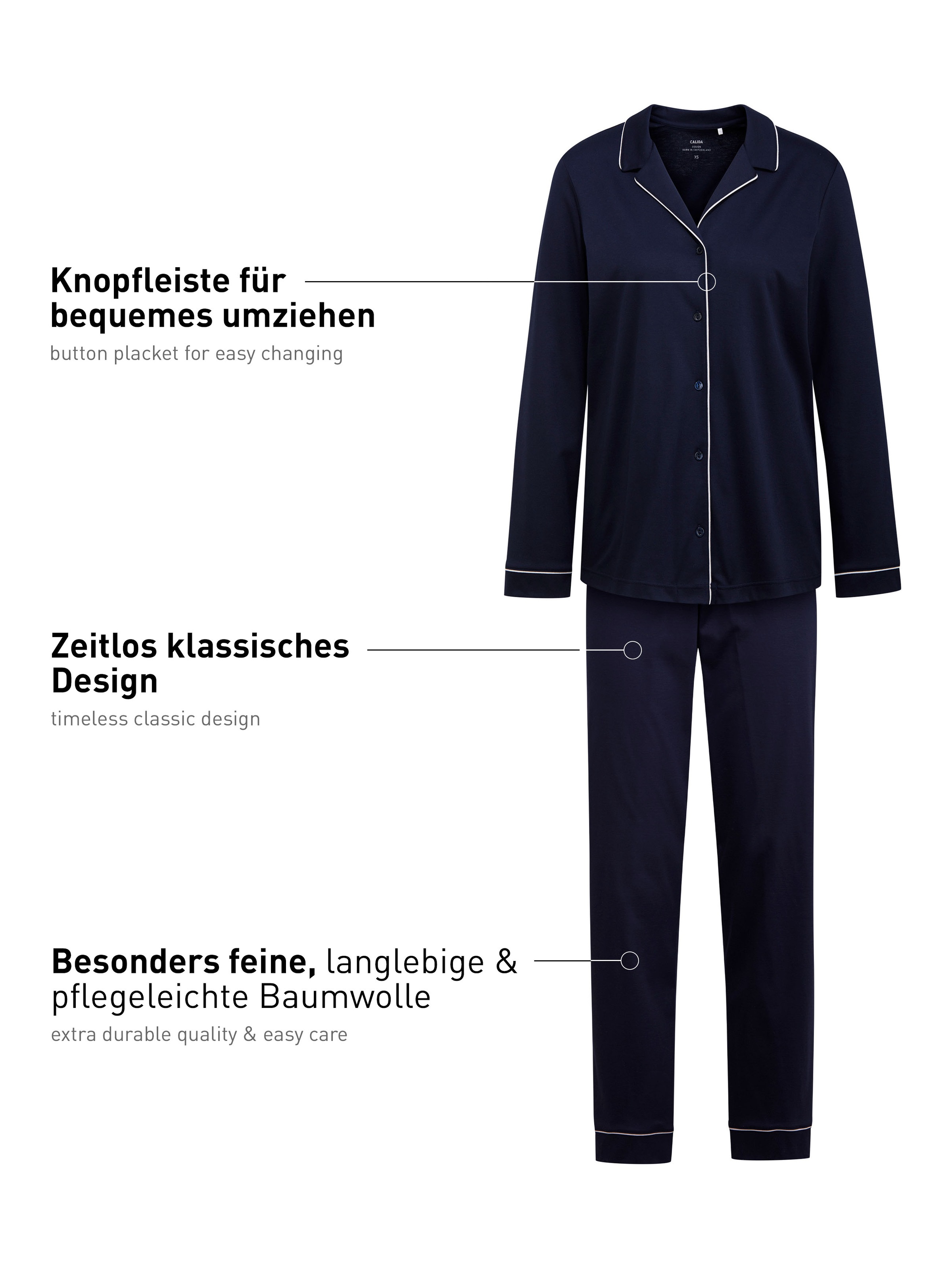 CALIDA Schlafanzug »Night Lovers«, (2 tlg.), Knopfleiste, Pure Cotton, Interlock-Qualität, Langarm