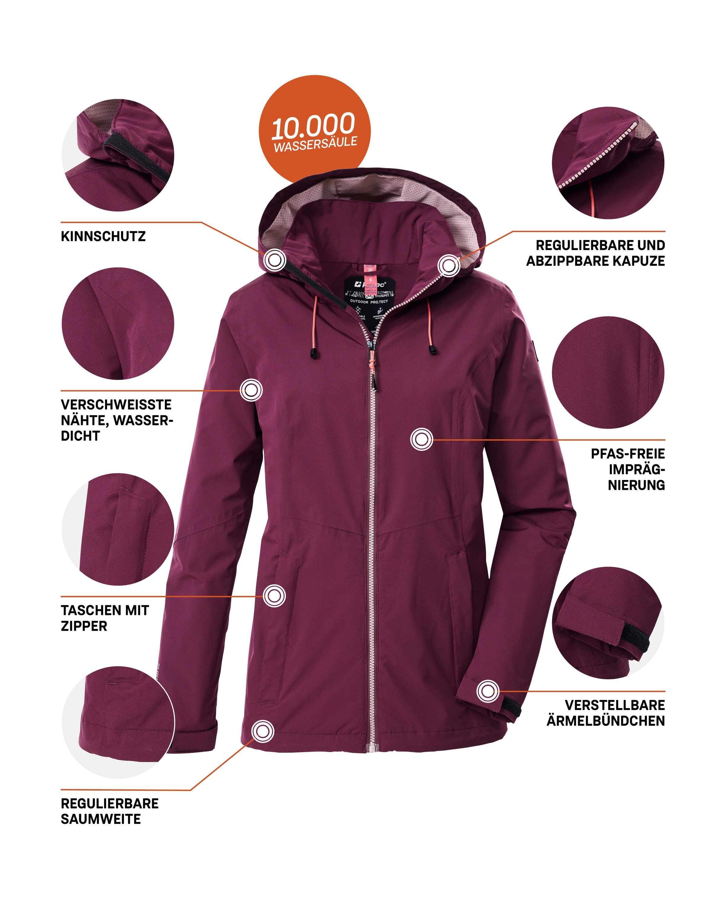 Killtec Outdoorjacke »Damen Regenjacke OOKS 1«, Leichte, wasser- und winddichte Jacke, atmungsaktiv, abnehmbare Kapuze