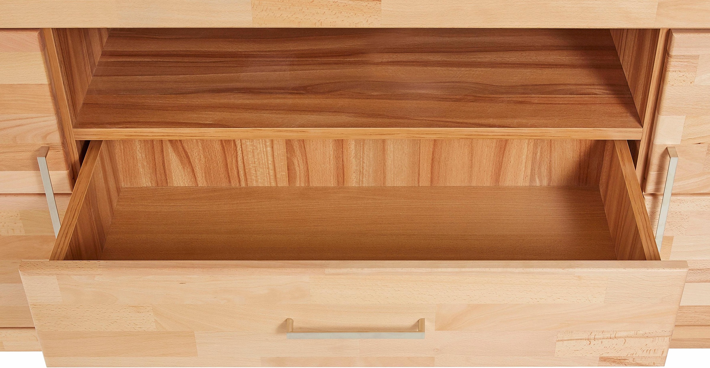 Home affaire Lowboard »Logo,160cm breit,42 cm tief, Fronten Massivholz, Kabeldurchführung«, Korpus Holzwerkstoff,62 cm hoch, 5 Fächer, Metallgriffe