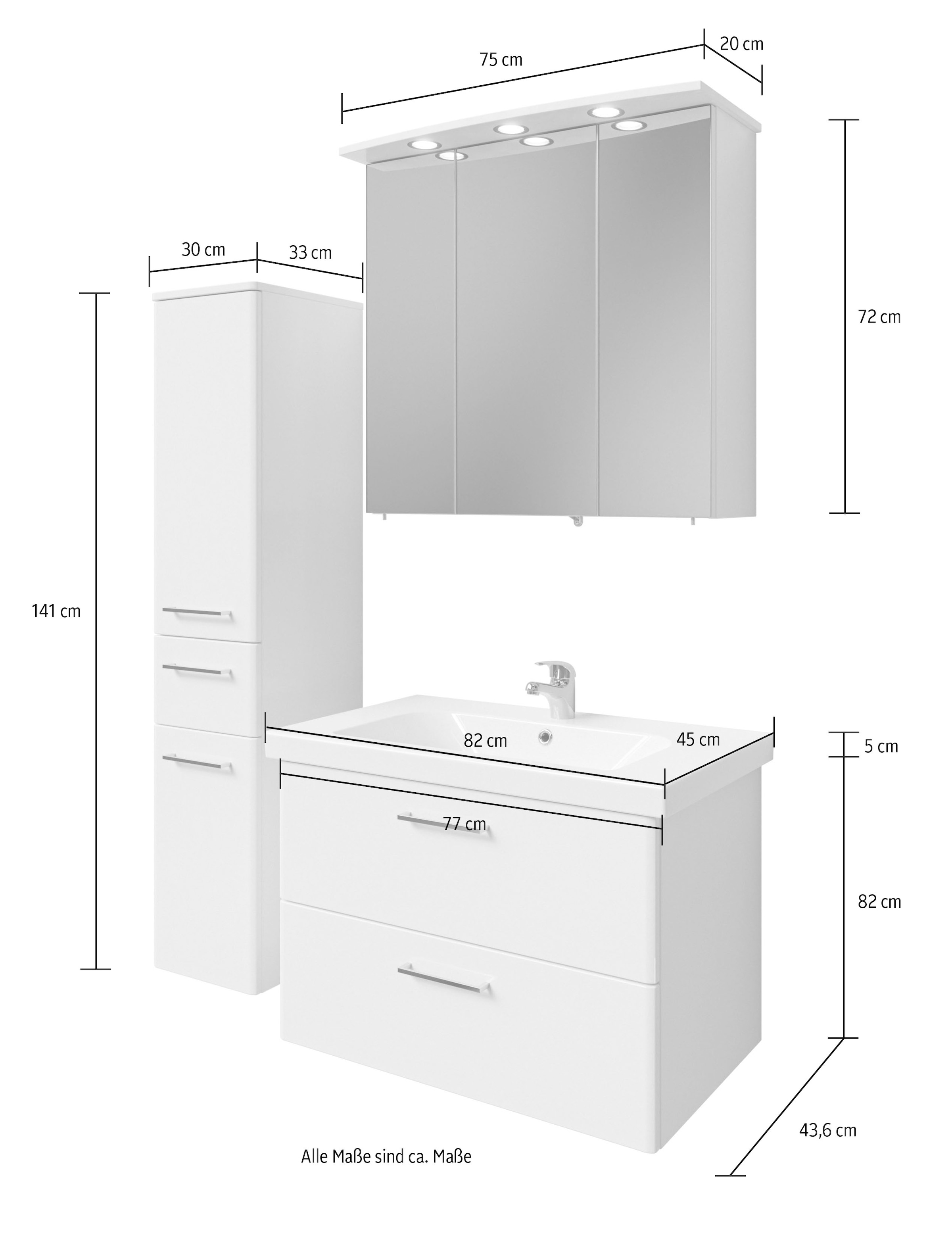 Saphir Badmöbel-Set »Quickset 316 3-teilig, Keramikwaschtisch mit LED-Spiegelschrank«, (4 St.), mit Midischrank, 5 Türen, 2 Schubladen, 1 Klappe, inkl. Türdämpfer