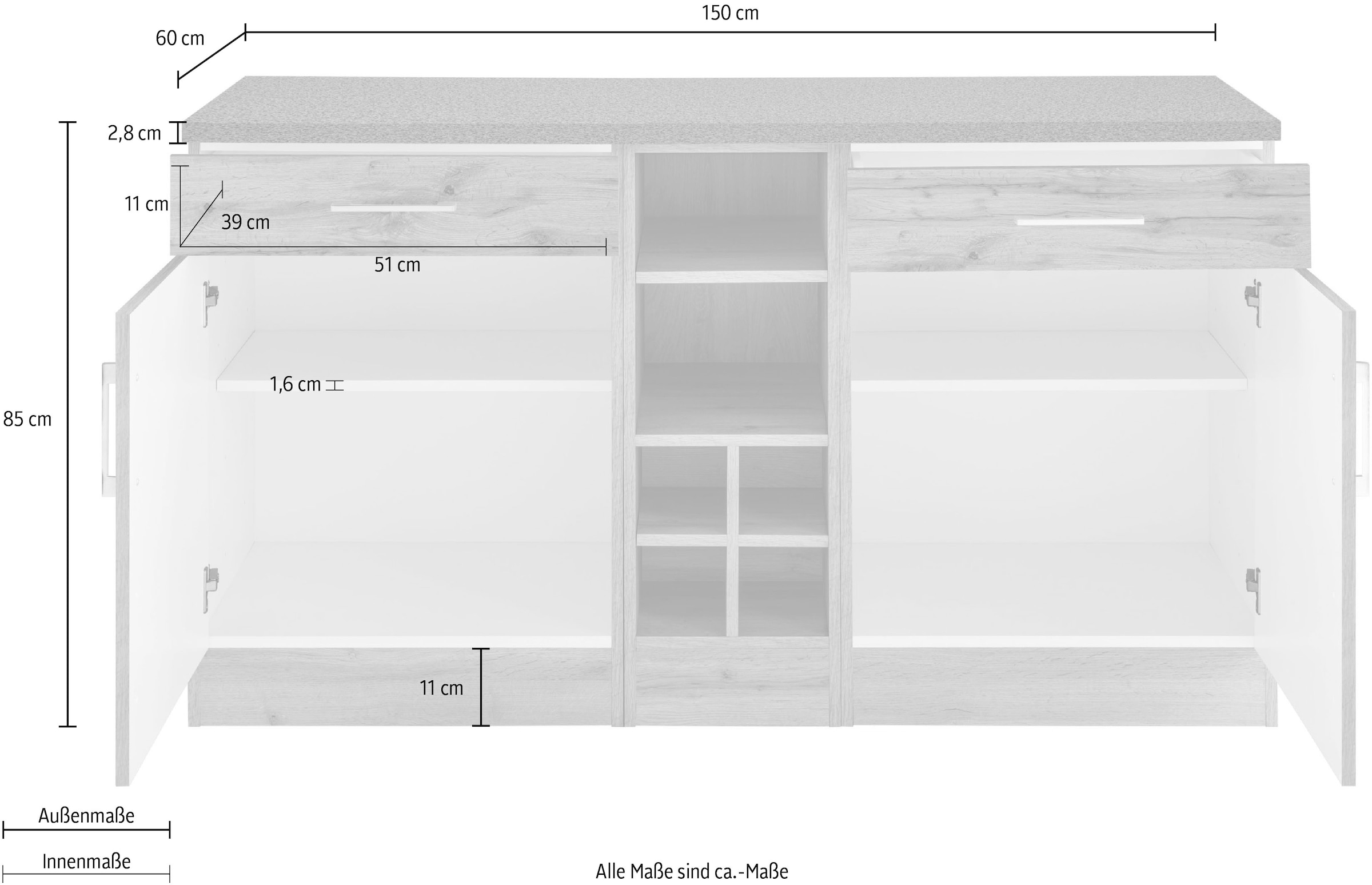 KOCHSTATION Unterschrank »KS-Colmar« 150 cm breit, 2 Schubkästen, 2 Türen, 6 Fächer, für viel Stauraum