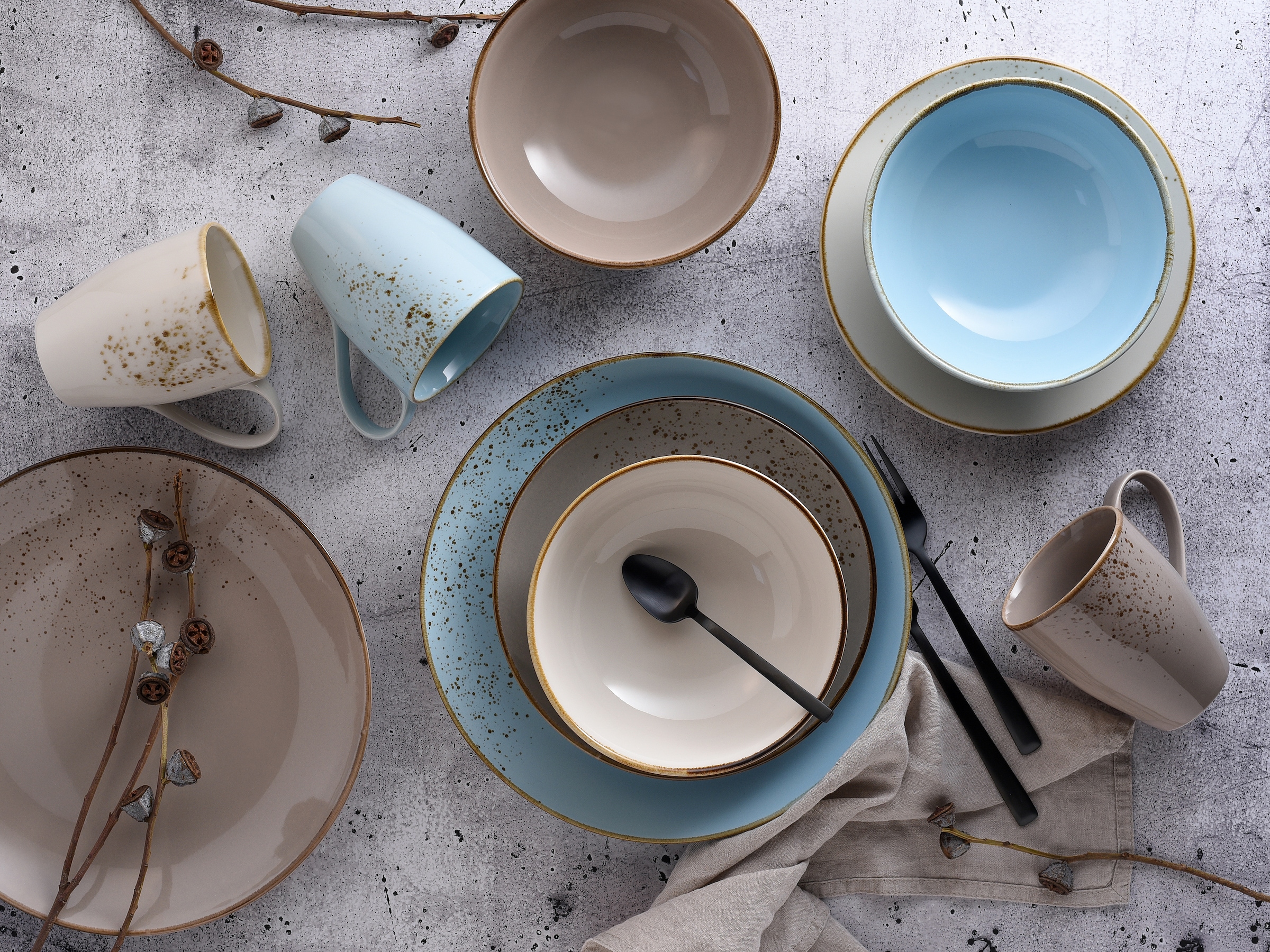 CreaTable Kombiservice »Geschirr-Set NATURE COLLECTION Scandic«, (Set, 16 tlg., Kaffeeservice und Tafelservice im Set, für 4 Personen), Service, Naturfarben mit Sprenkeln, 16 Teile, für 4 Personen