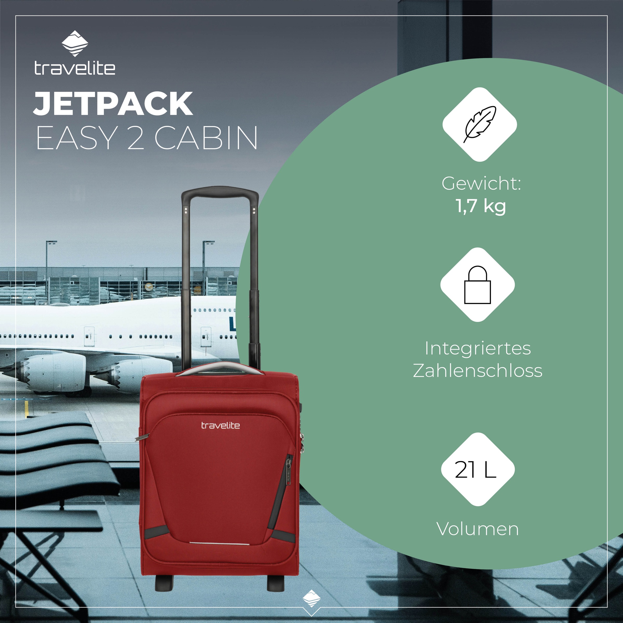 travelite Handgepäck-Trolley »JETPACK Easy 2 Cabin Handgepäck Koffer« 21 l 4 Rollen