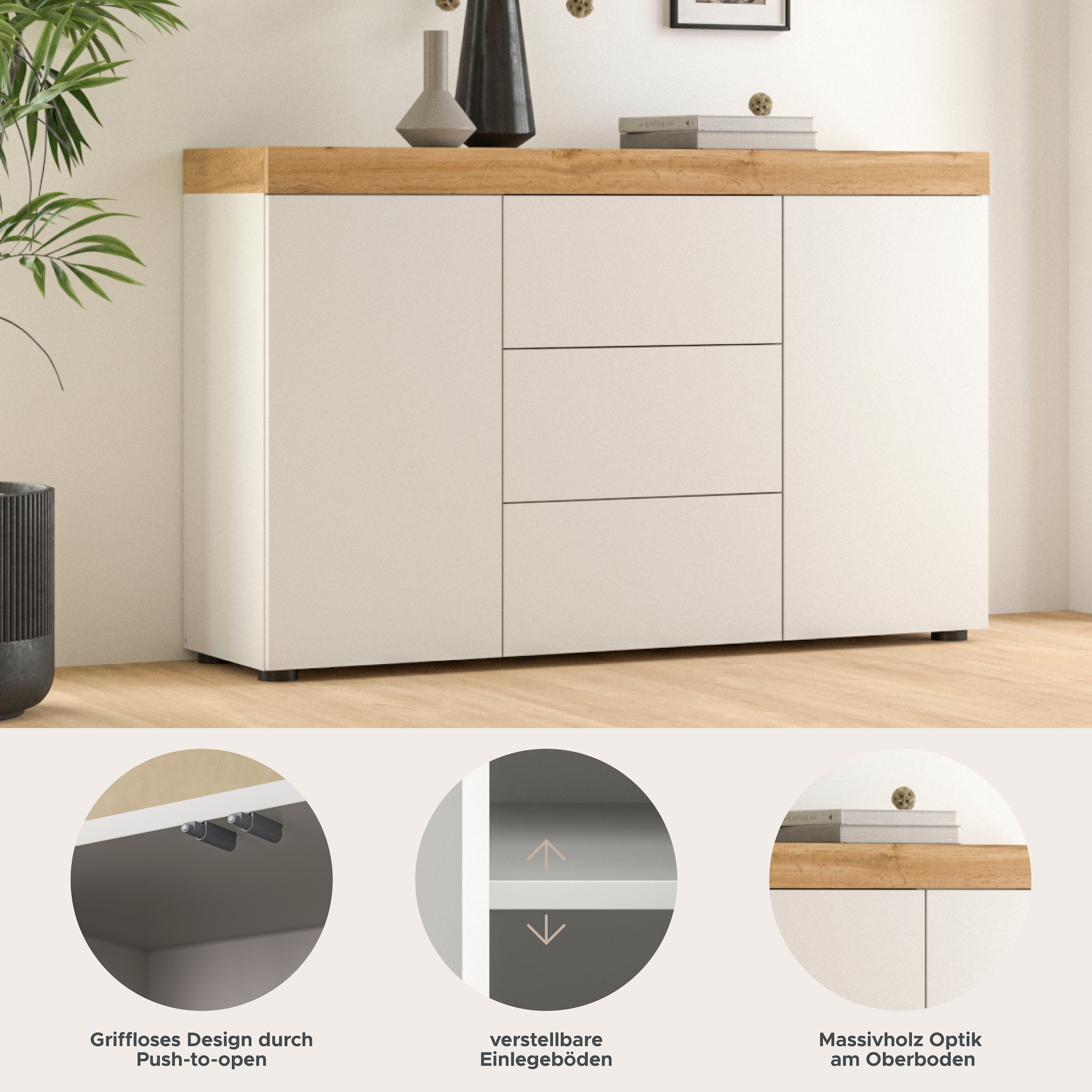 OTTO home Sideboard »MAMBO, TOPSELLER!, Breite 125cm, 2 Türen, 3 Schubkästen, push-2-open« 2 farbige Ausführung, in verschiedenen Farben erhältlich, 1 Stk. tlg. Sideboard, Kommode, Wohnzimmer, Flur, Arbeitszimmer