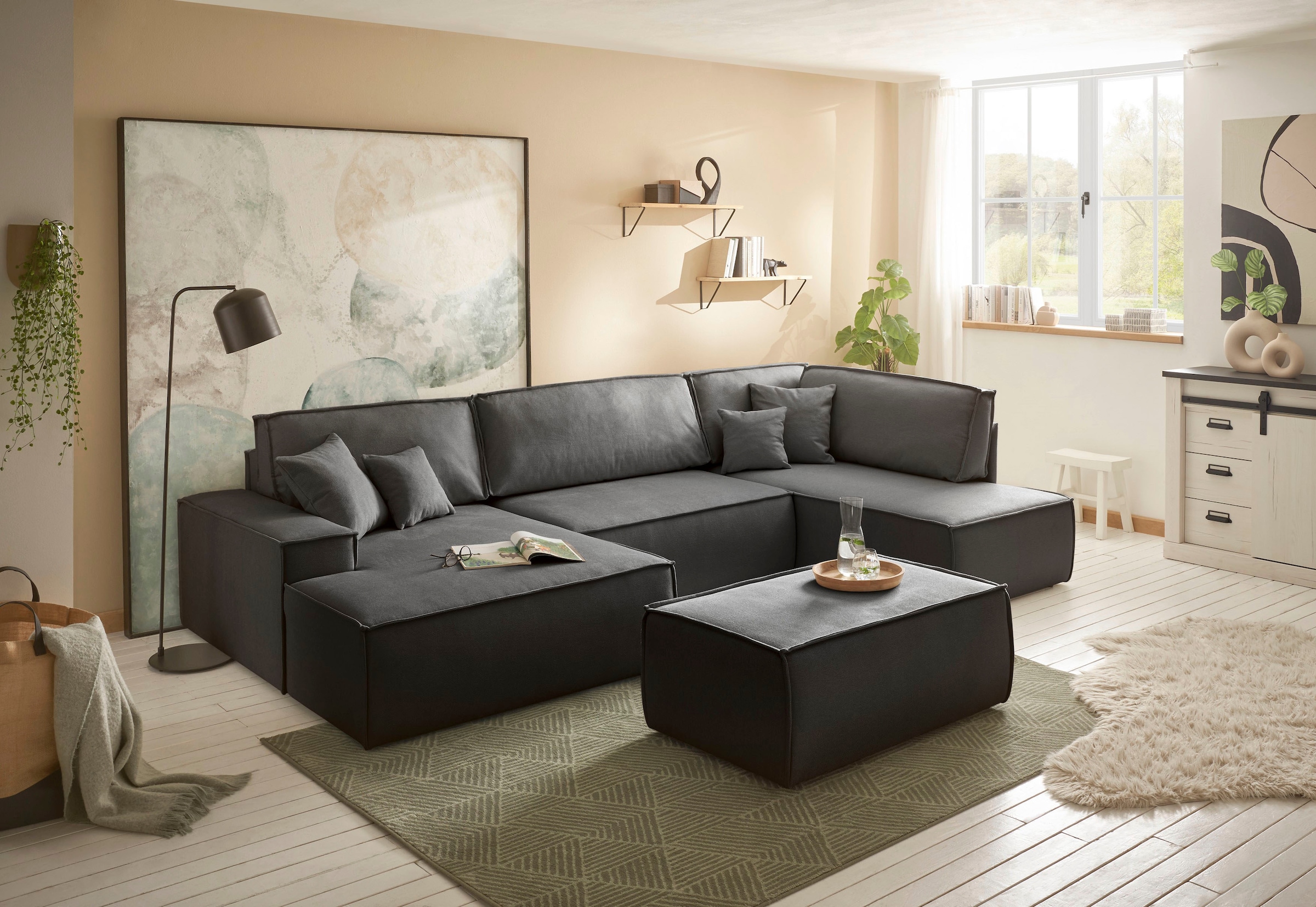 andas Wohnlandschaft »FINNLEY U-Form XXL 329 cm, Schlafsofa, Schlaffunktion m. Bettkasten«, (194/139 cm), Bouclé u. Struktur