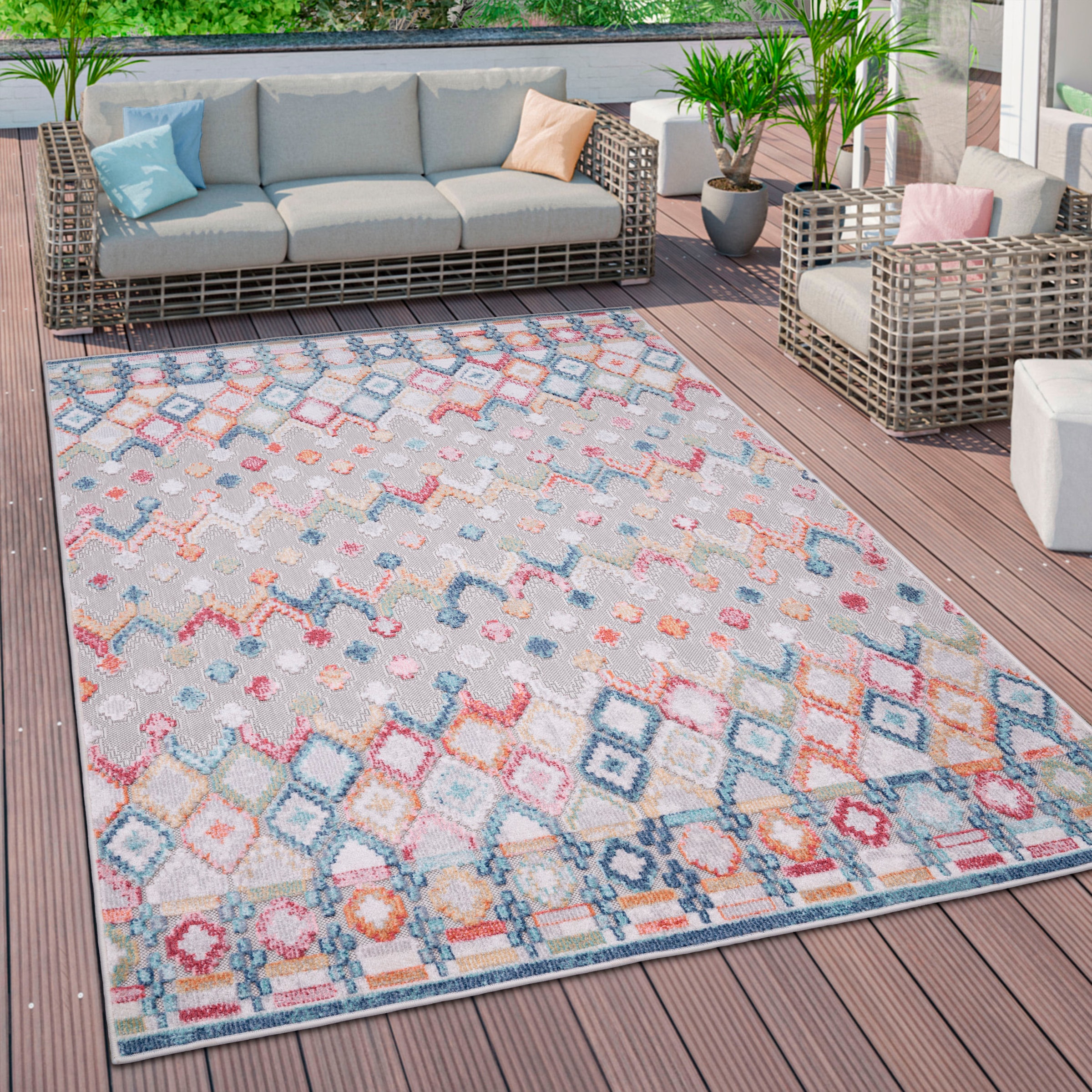 Paco Home Teppich »Fusion 764«, rechteckig, 10 mm Höhe, Kurzflor, Rauten Muster, In- und Outdoor geeignet, Wohnzimmer