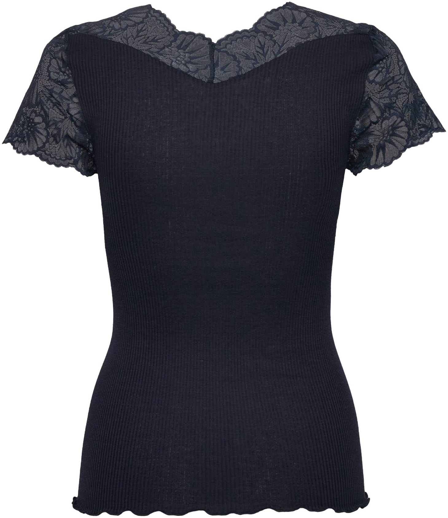 rosemunde T-Shirt, elastischer Vintage-Spitzenbesatz, Kurzarm, gewellter Saum, Seidenmix