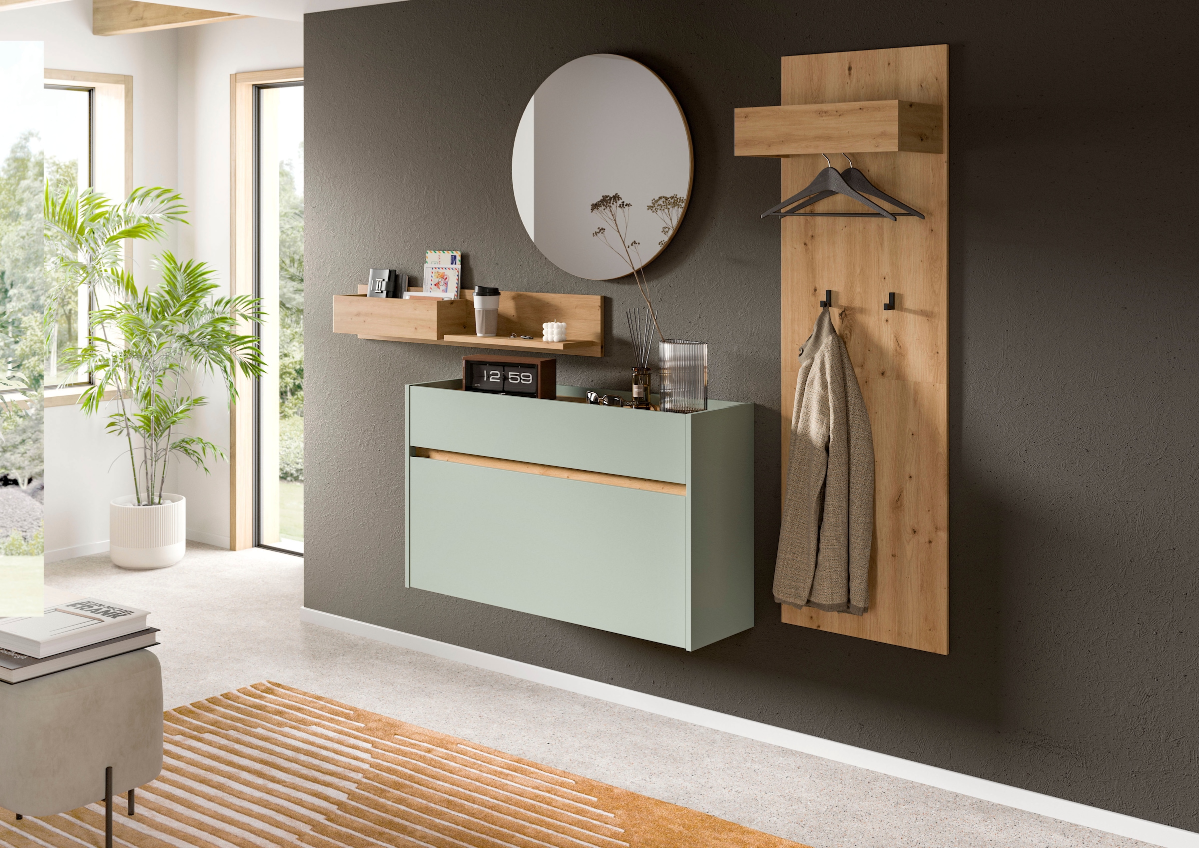 Home affaire Garderoben-Set »EVRID, 4-teilig, Breite 205 cm, individuell hängbar & erweiterbar« best. aus: Wandboard, Kommode, Spiegel, Garderobenpaneel, 4 Stk. tlg.