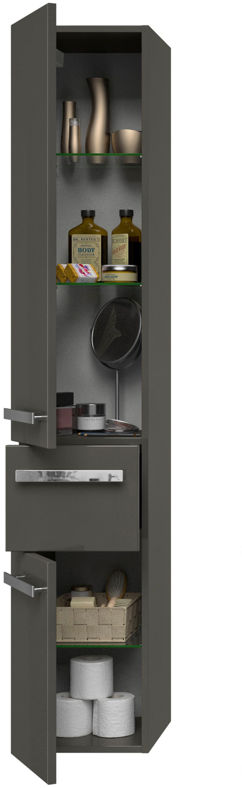 Saphir Badmöbel-Set »Serie 4005, vormontiert, Glaswaschbecken, Spiegelschrank«, (Set, 6 St.), Badezimmer-Set mit Unterschrank, Hängeschrank, Hochschrank, Türdämpfer