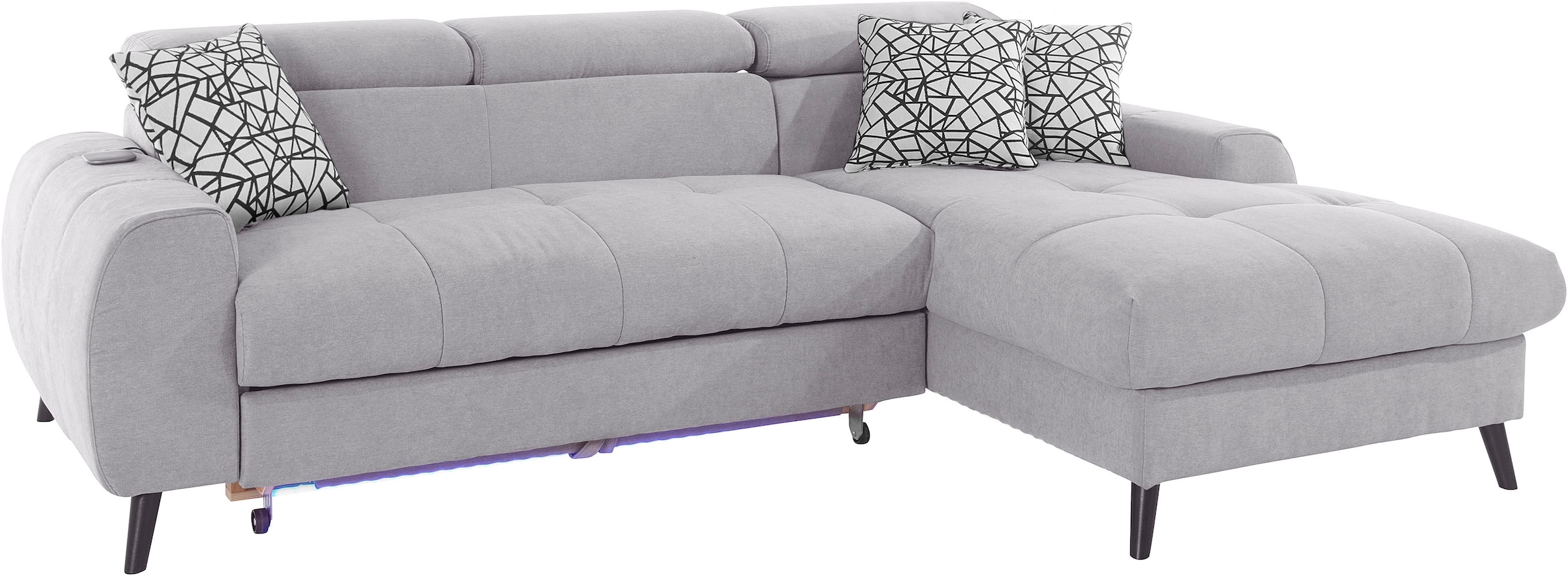 COTTA Ecksofa »Mia L-Form mit 3 Zierkissen«, wahlweise mit Bettfunktion, Bettkasten, Beleuchtung & Wireless-Charger