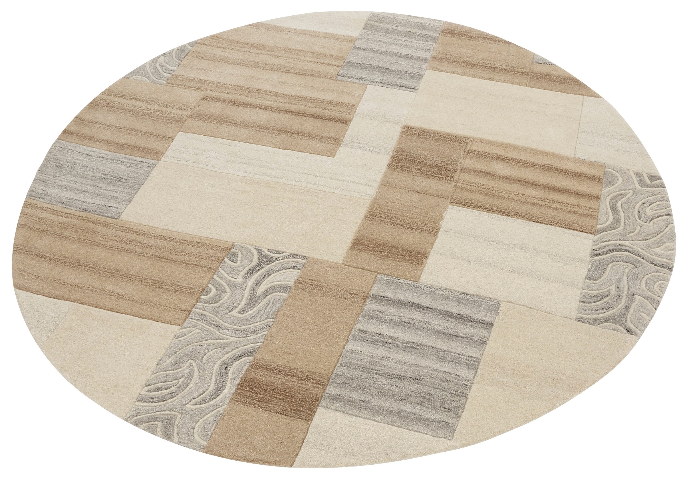 THEKO Wollteppich »Lola, Wolle, handgearbeitet, Patchwork Design«, rund, 12 mm Höhe, handgetuftet, Wohnzimmer, Schlafzimmer, Esszimmer