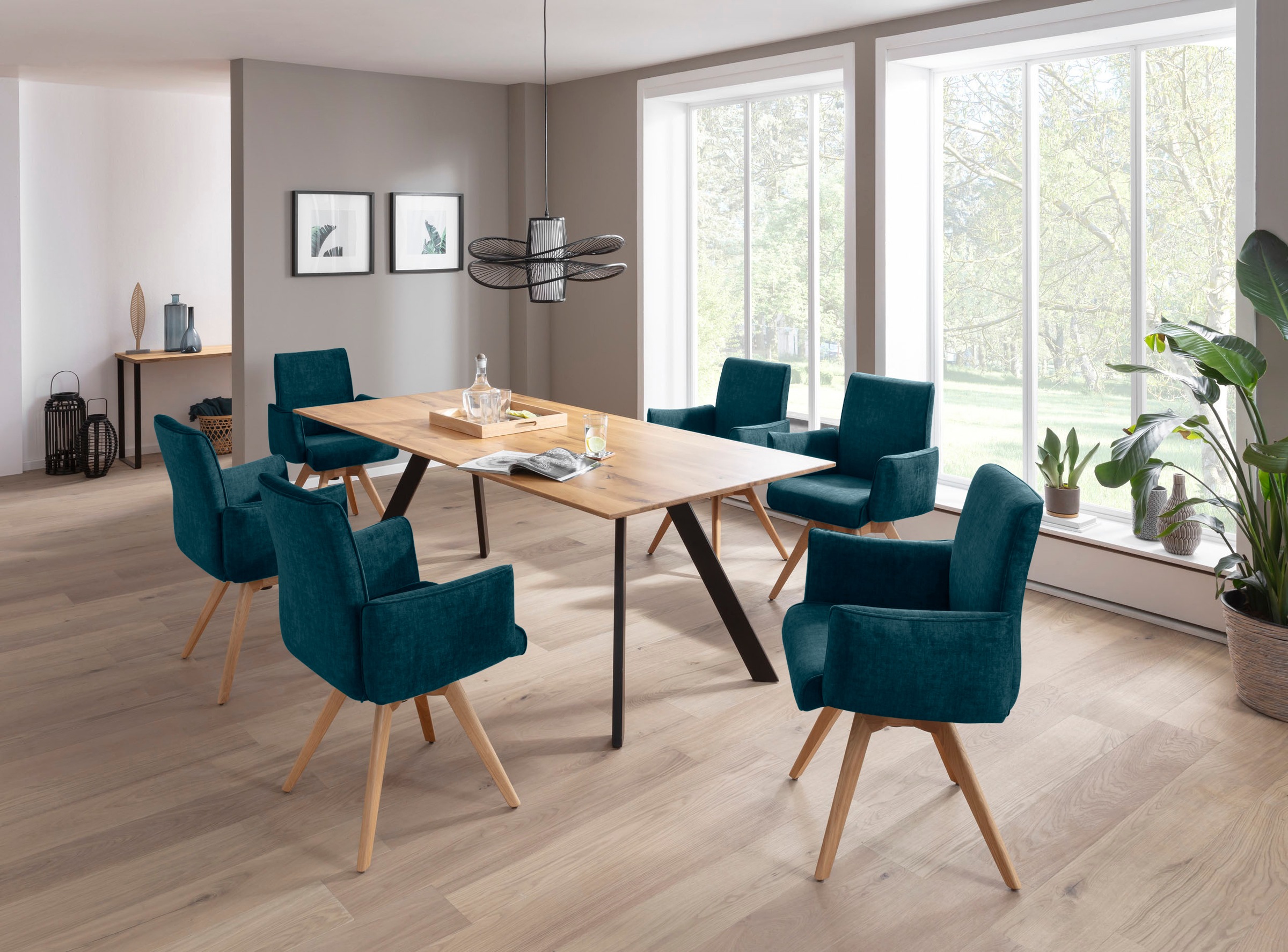 K+W Komfort & Wohnen Drehstuhl, Flachgewebe H2O 660, Armlehnenstuhll mit 360° Drehfunktion massives Holzuntergestell