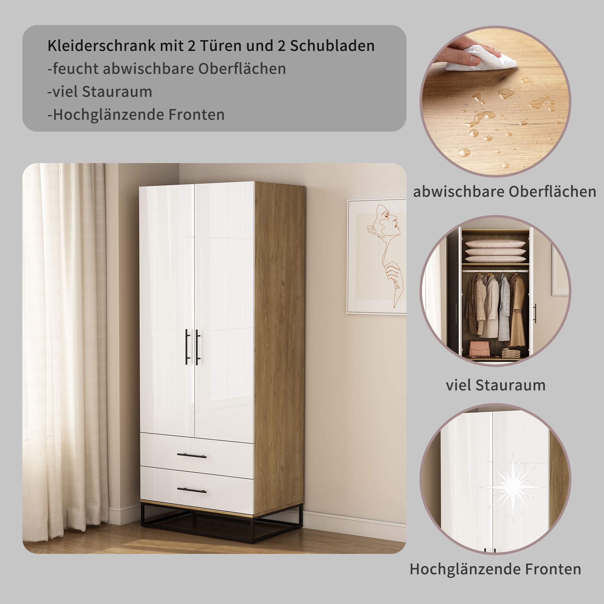 OTTO home Kleiderschrank »Lucca Schlafzimmerschrank Garderobe hochglanz Bestseller« Hochwertige schwarze Griffe und Kufengestell,  Schlafzimmerschrank mit 2 Türen und 2 Schubladen, Breite 80cm