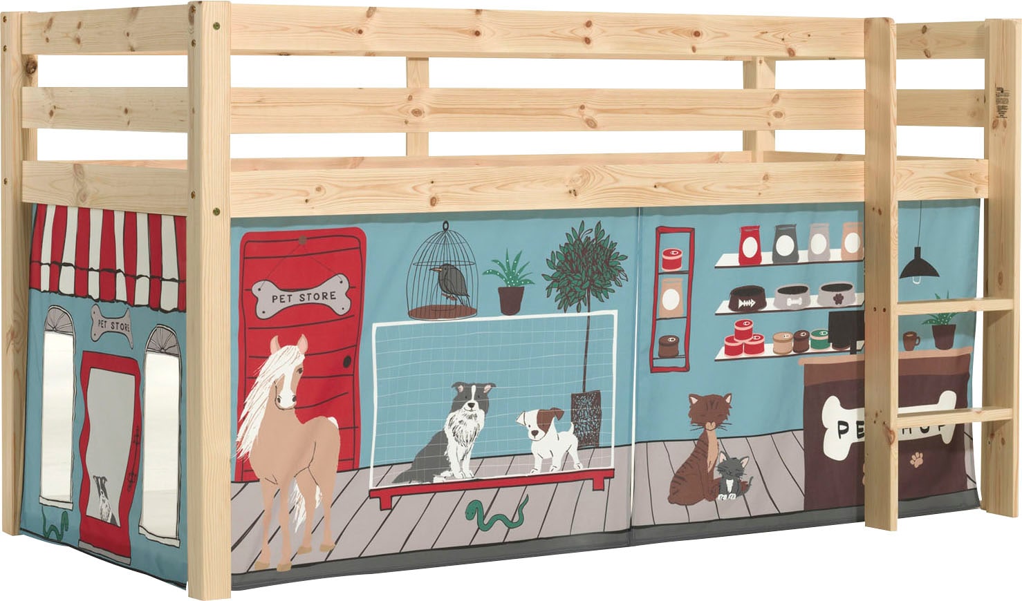 Vipack Spielbett »Pino, Kiefer massiv, mit Rolllattenrost u. Textil-Set, Made in Europe« B/H/T ca. 210x114x106cm, mit Leiter und Absturzschutz,  verschiedene Textil Dessins, 3 Gestellfarben zur Wahl
