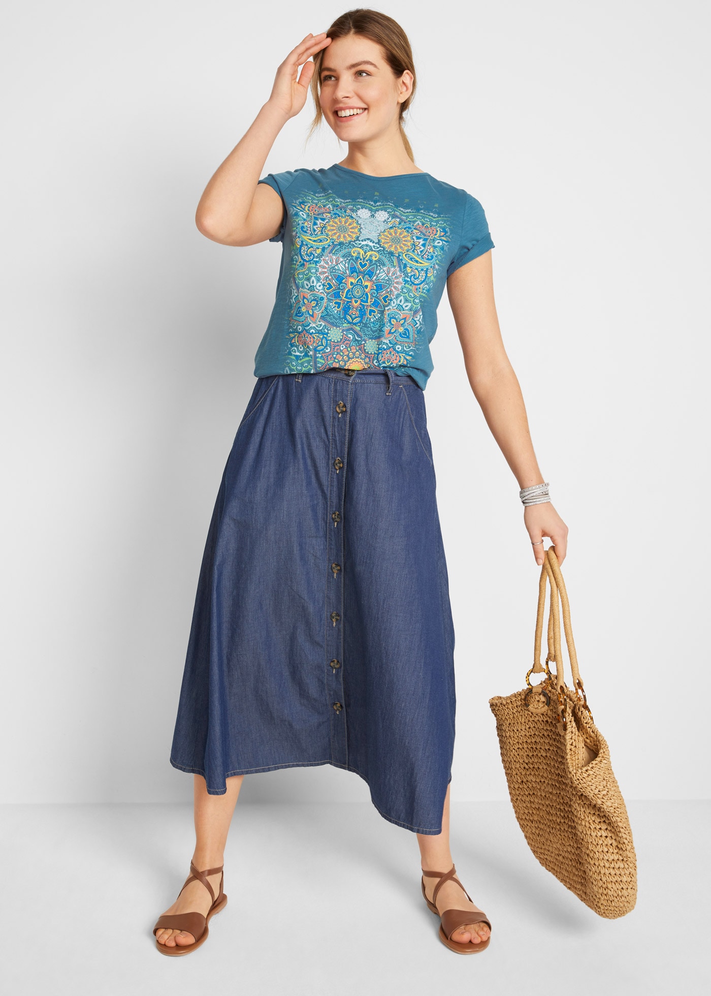 bonprix T-Shirt »T-Shirt aus reiner Baumwolle« 2 Stk. mit farbigem Print und Rundhalsauschnitt