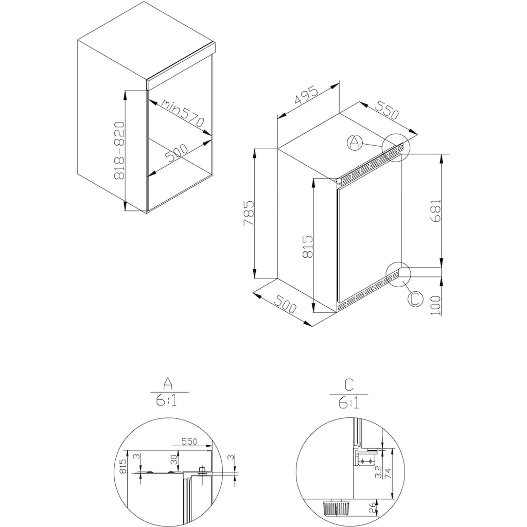 Amica Einbaukühlschrank, UKS16157, 81,5 cm hoch, 49,5 cm breit, 81,5 cm hoch, dekorfähig + unterbaufähig