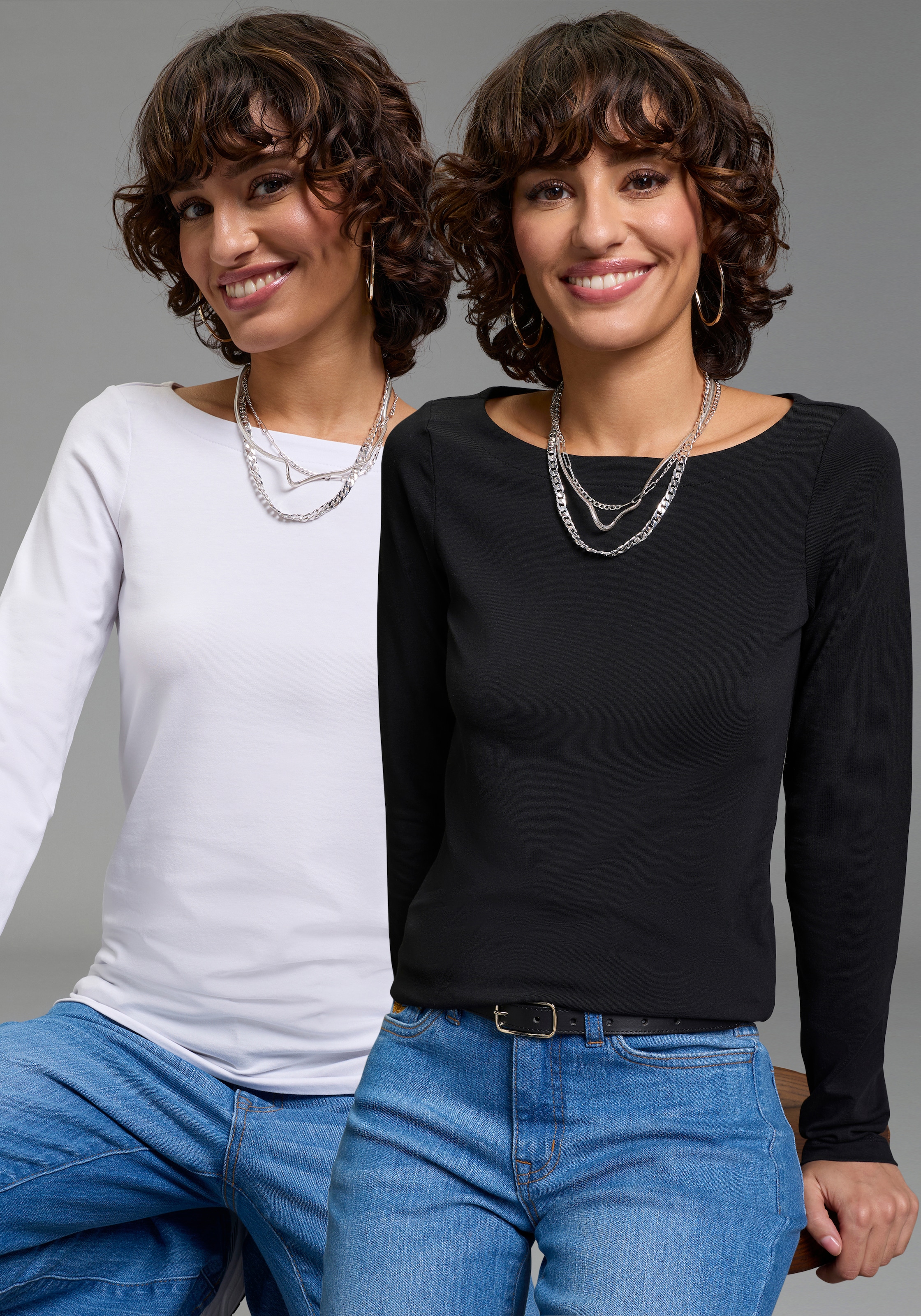 Laura Scott Longsleeve 2er-Pack,  Basic-Stil und Passform, mit U-Boot-Ausschnitt
