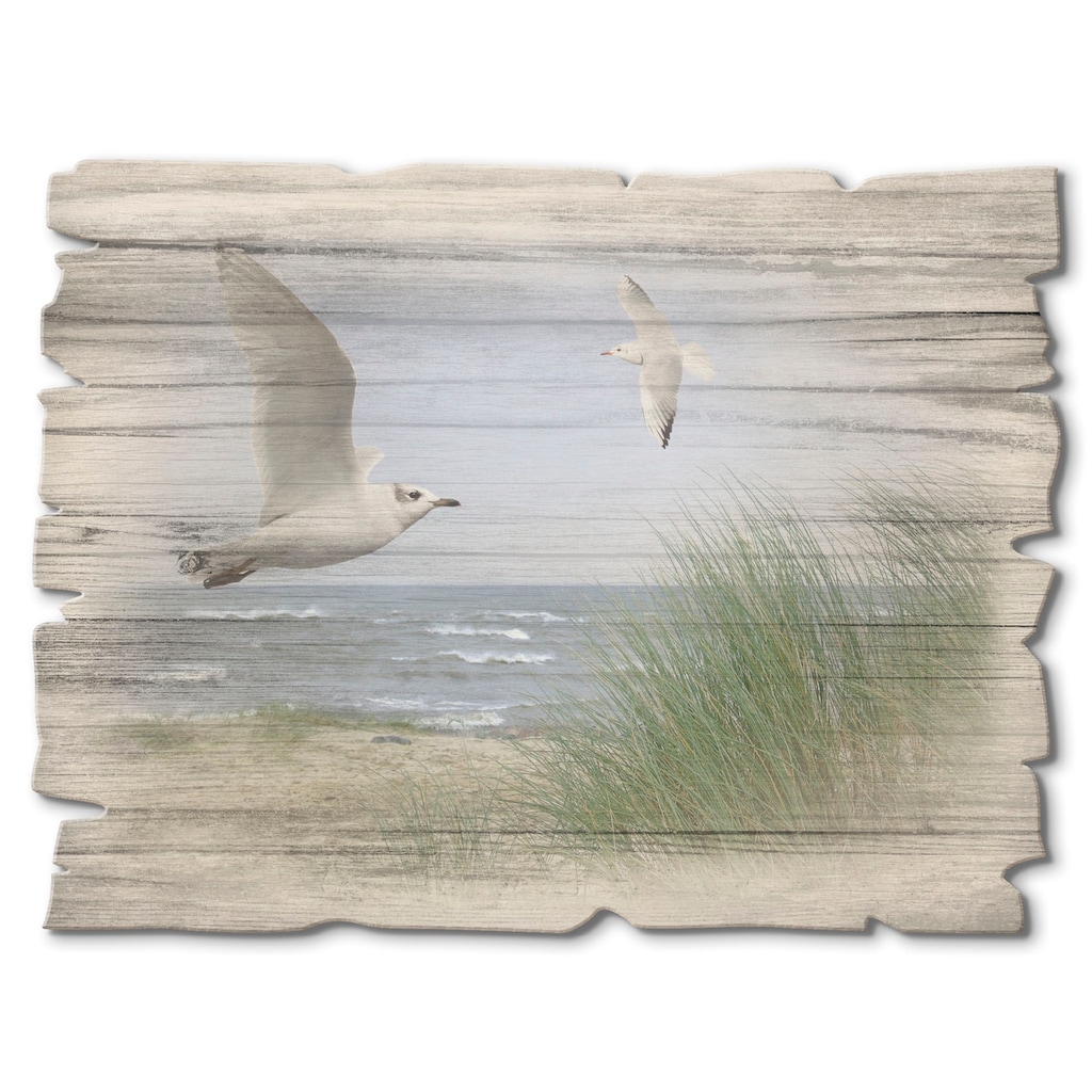 Artland Holzbild »Nordseestrand mit Möwen«, Strand, (1 St.)