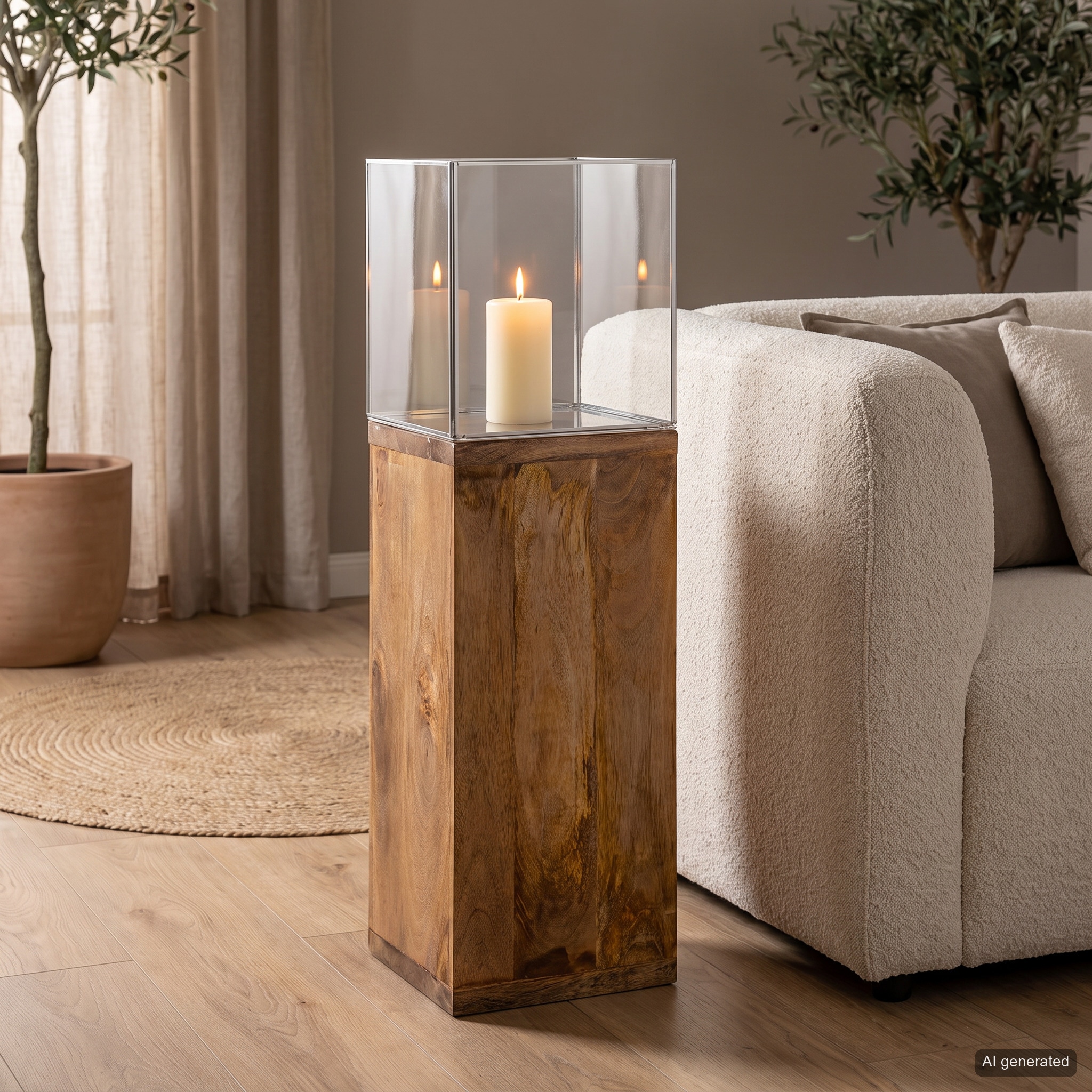 GILDE Bodenwindlicht »Windlicht, Kerzenhalter Säule, 91.26x26cm, Geschenkidee« aus massivem, geöltem Mangoholz, inklusive Glasaufsatz