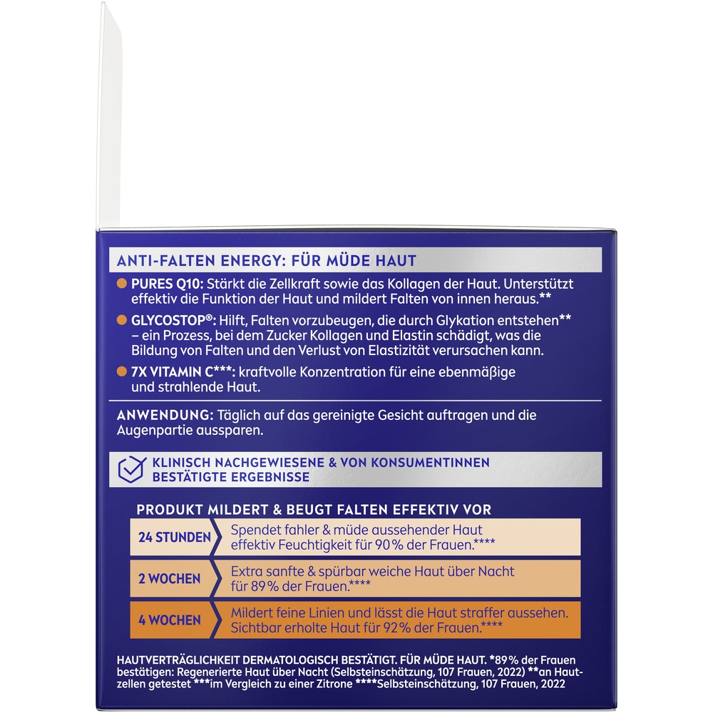 Nivea Nachtcreme »Q10 ANTI-FALTEN ENERGY VITAMIN C NACHTPFLEGE« wirkt gezielt gegen Stress-Anzeichen (Linien, fahler Teint)