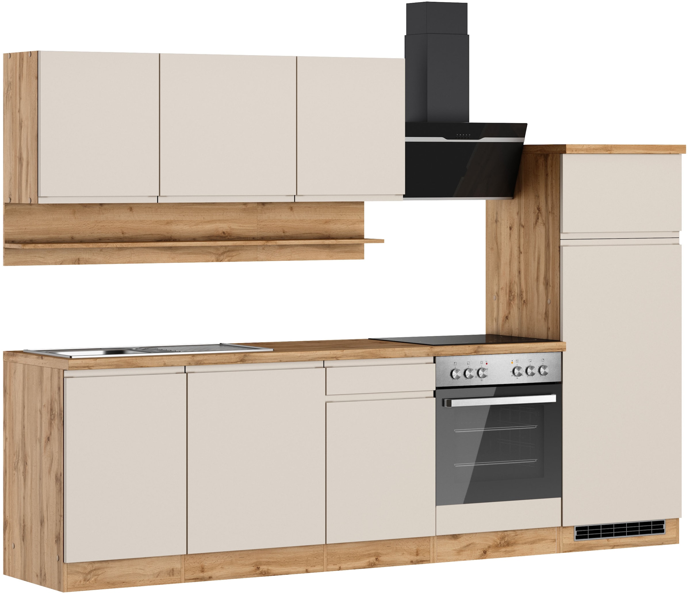 KOCHSTATION Küchenzeile »KS-Virginia,neu in verbesserter Ausführung« Arbeitsplatte 38 mm stark, Stauraum, Softclose,  Breite 280 cm, Soft-Close, wahlweise mit E-Geräten