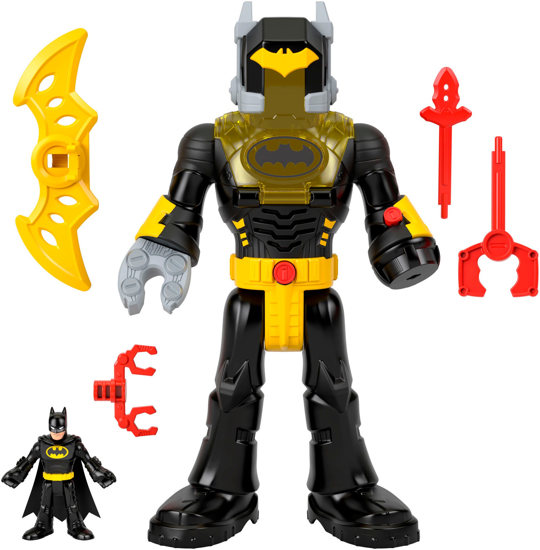 Mattel® Actionfigur »Imaginext DC Super Friends einsetzbarer Batman mit Exo-Anzug Roboter«, (6 tlg.), mit Licht und Sound sowie 4 Kampfzubehörteilen