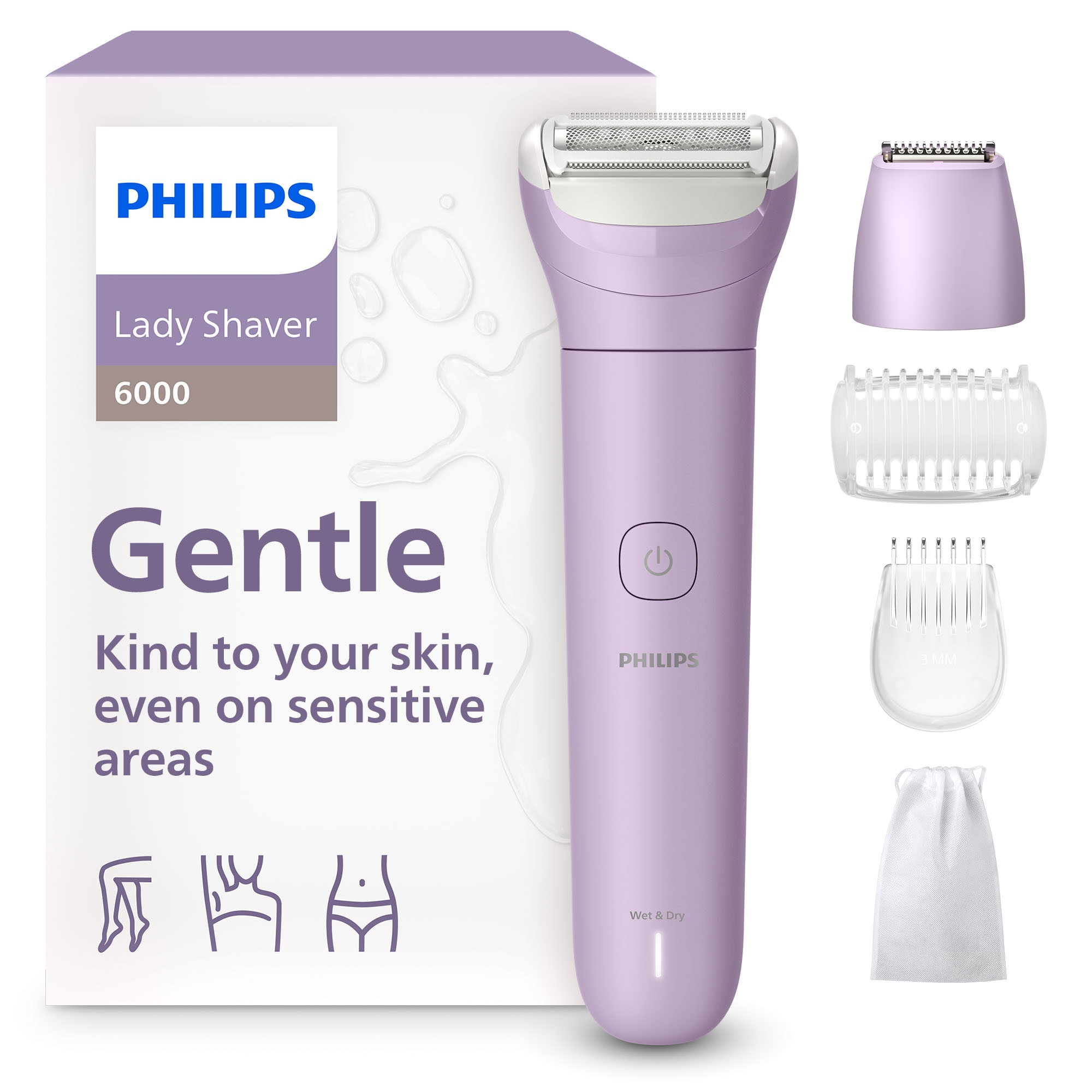 Philips Elektrorasierer »Lady Shaver Series 6000« 3 Stk. Aufsätze kabelloser Rasierer, nass und trocken, inkl. Trimmeraufsatz in lila