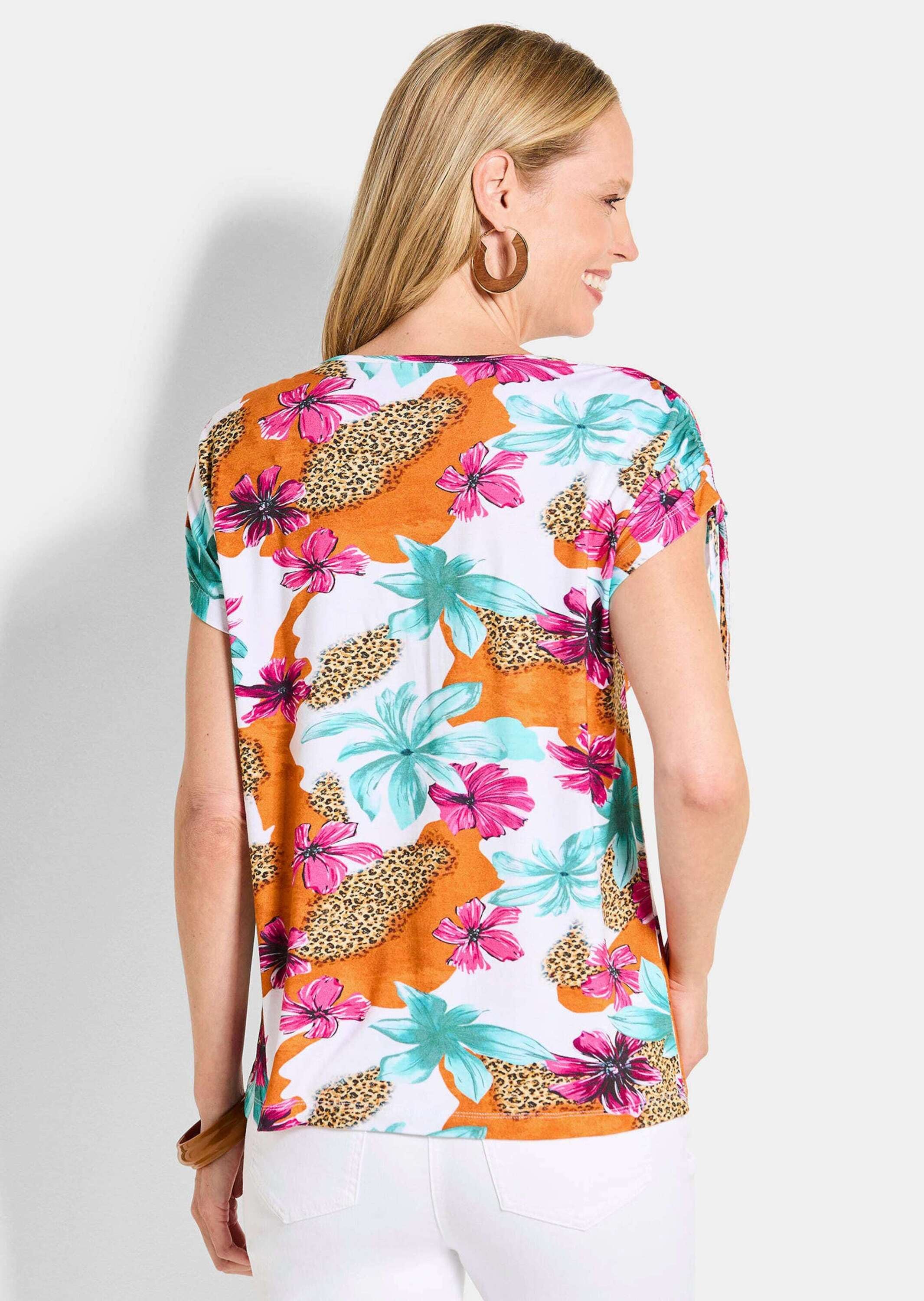 GOLDNER Print-Shirt »Kurzgröße Blusenshirt mit floralem Print« Kordelzug an der Schulter