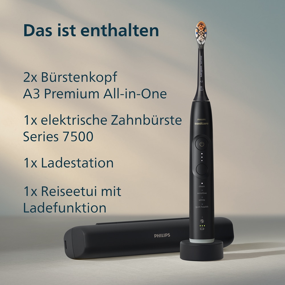 Philips Sonicare Elektrische Zahnbürste »Series 7500« 2 Stk. Aufsteckbürsten mit Drucksensor und 3 Intensitätsstufen, inkl. Reiseladeetui
