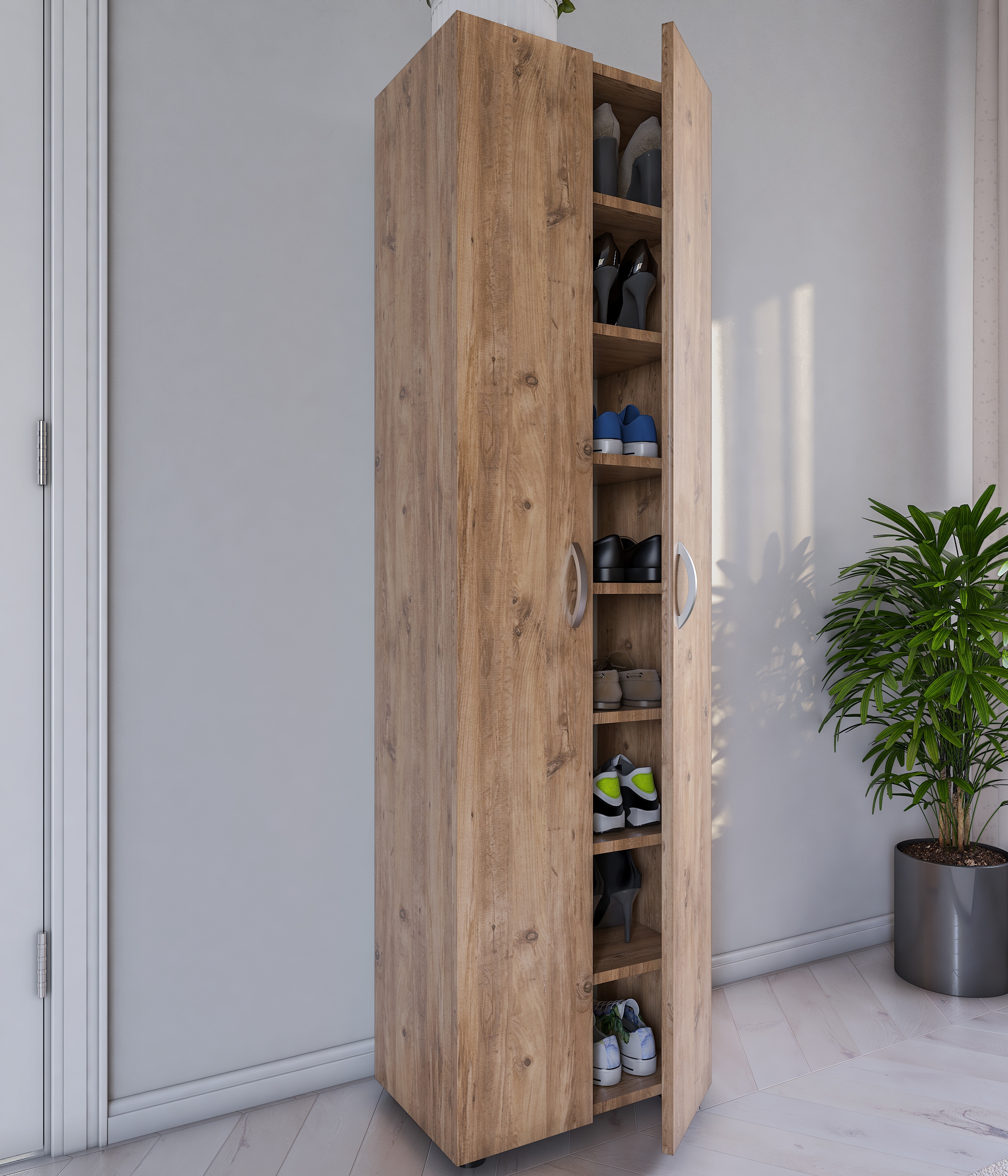 VCM Schuhschrank »VCM Holz Schuhschrank | Maße: H. 173 x B. 49 x T. 30 cm | Allzweckschrank | 8 Fächer | 2 Drehtüren ¿ Ulas« 1 Stk. tlg.