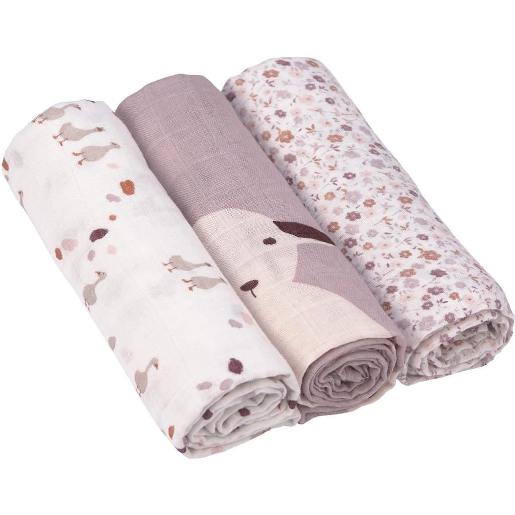 LÄSSIG Stoffwindeln »Tini Farmer, Mulltuch-Set, Flowers Lilac«, (Set, 3 St.)