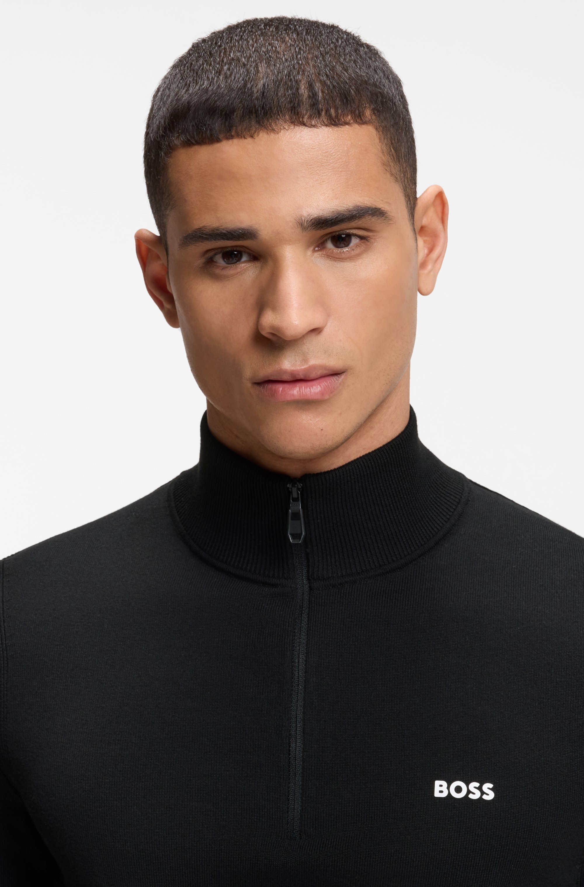 BOSS GREEN Strickpullover Stehkragen mit Reißverschluss, Regular fit, Logo-Print