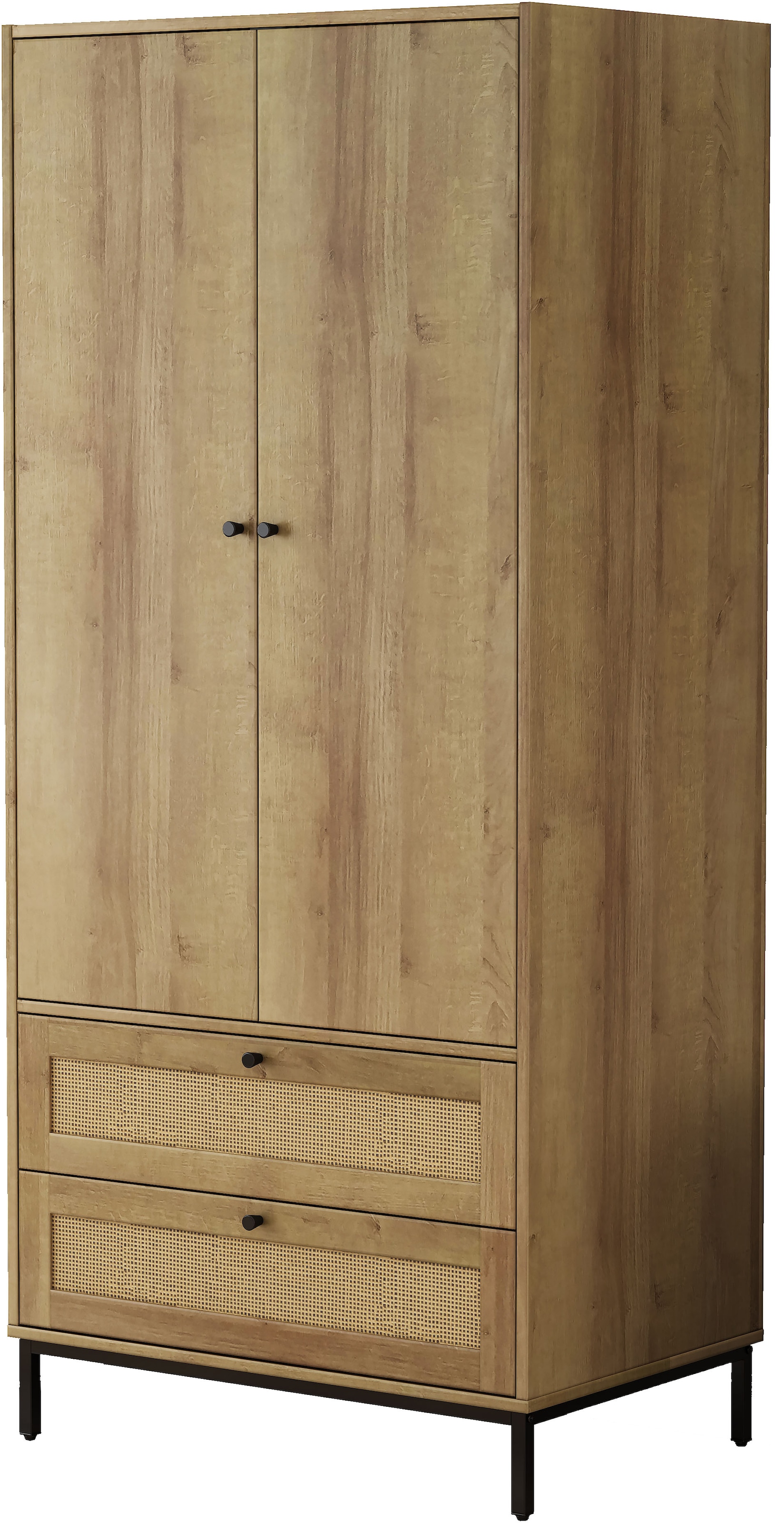 OTTO home Kleiderschrank »Motala Schlafzimmerschrank Garderobe Boho Eichen-Design Bestseller« Moderne schwarze Griffe, Schublade mit Geflecht,  Schlafzimmerschrank mit 2 Türen und 2 Schubladen