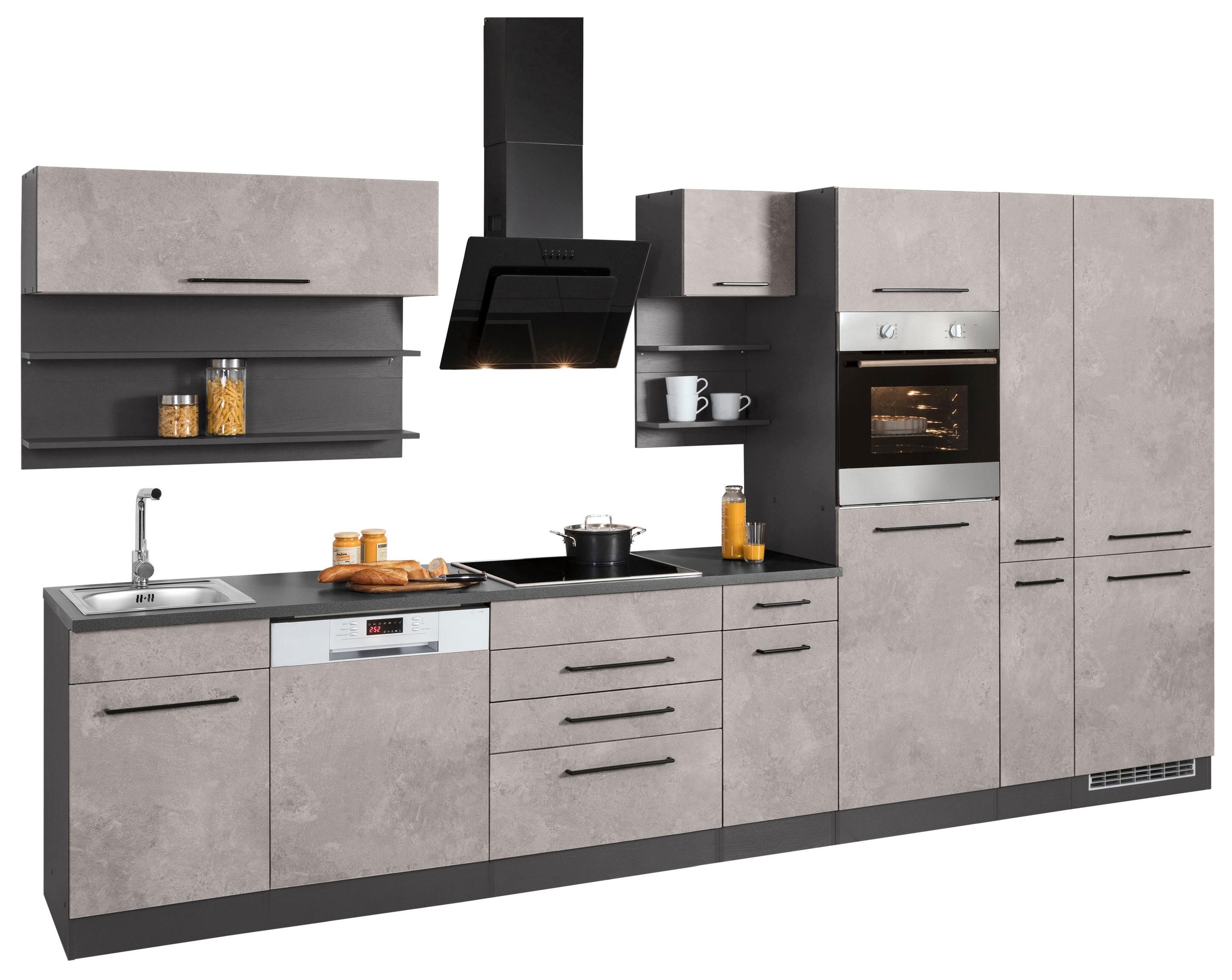 KOCHSTATION Küchenzeile »KS-Tulsa«, ohne E-Geräte, Breite 360 cm, schwarze Metallgriffe, MDF Fronten