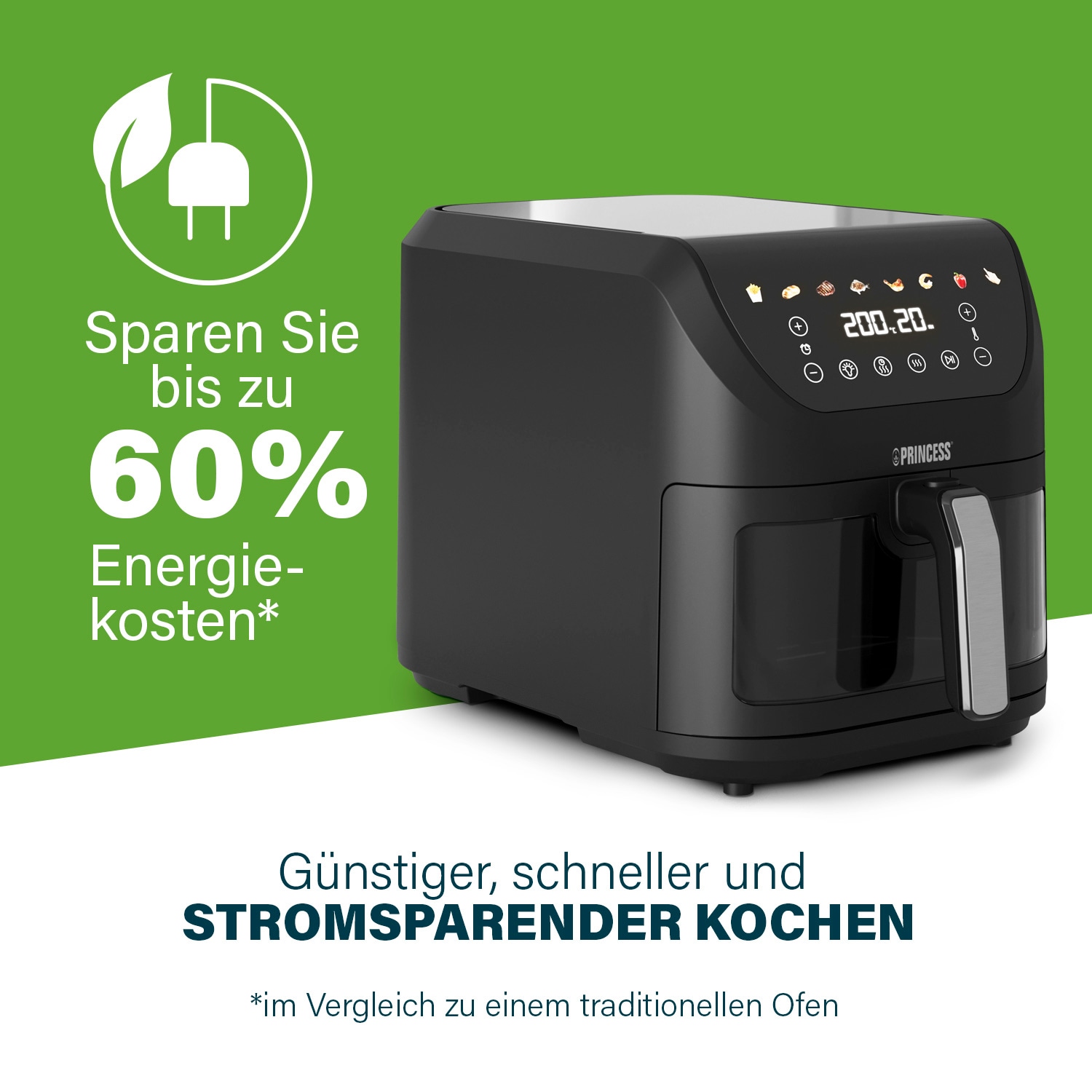 PRINCESS Heißluftfritteuse »182258 SlimFry Airfryer«, 2000 W, 8 L, platzsparendes Design, fettfreie Kochtechn., 8 Progr., 55dB leise