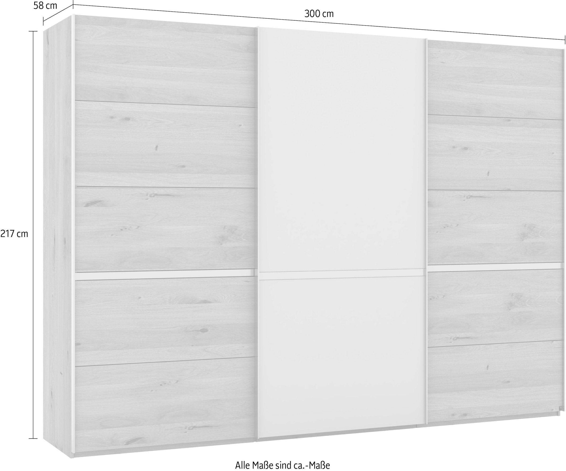 Musterring Schwebetürenschrank »Savona, Kleiderschrank, Schrank, Garderobe, mit Schiebetüren«, (Teilmassiv Bianco-Eiche, mit Spiegel oder Glas, MADE IN GERMANY), Türen Bianco-Eiche massiv, Spiegel-/Glastüren, eingelegte Chromleiste