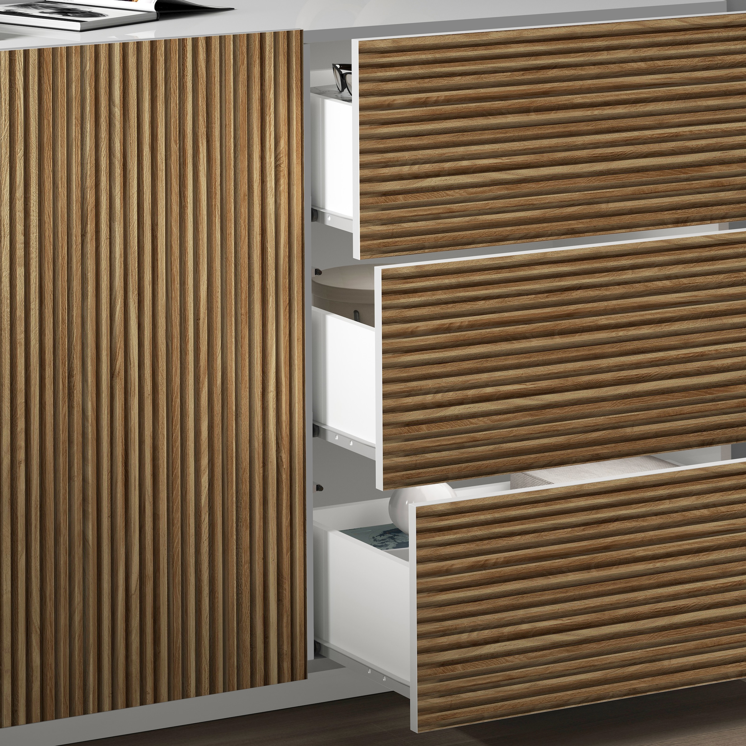 INOSIGN Sideboard »Vega Sideboard,Kommode,180 cm«, mit 2 Türen und 3 Schubladen,Fronten mit Rillen-Optik
