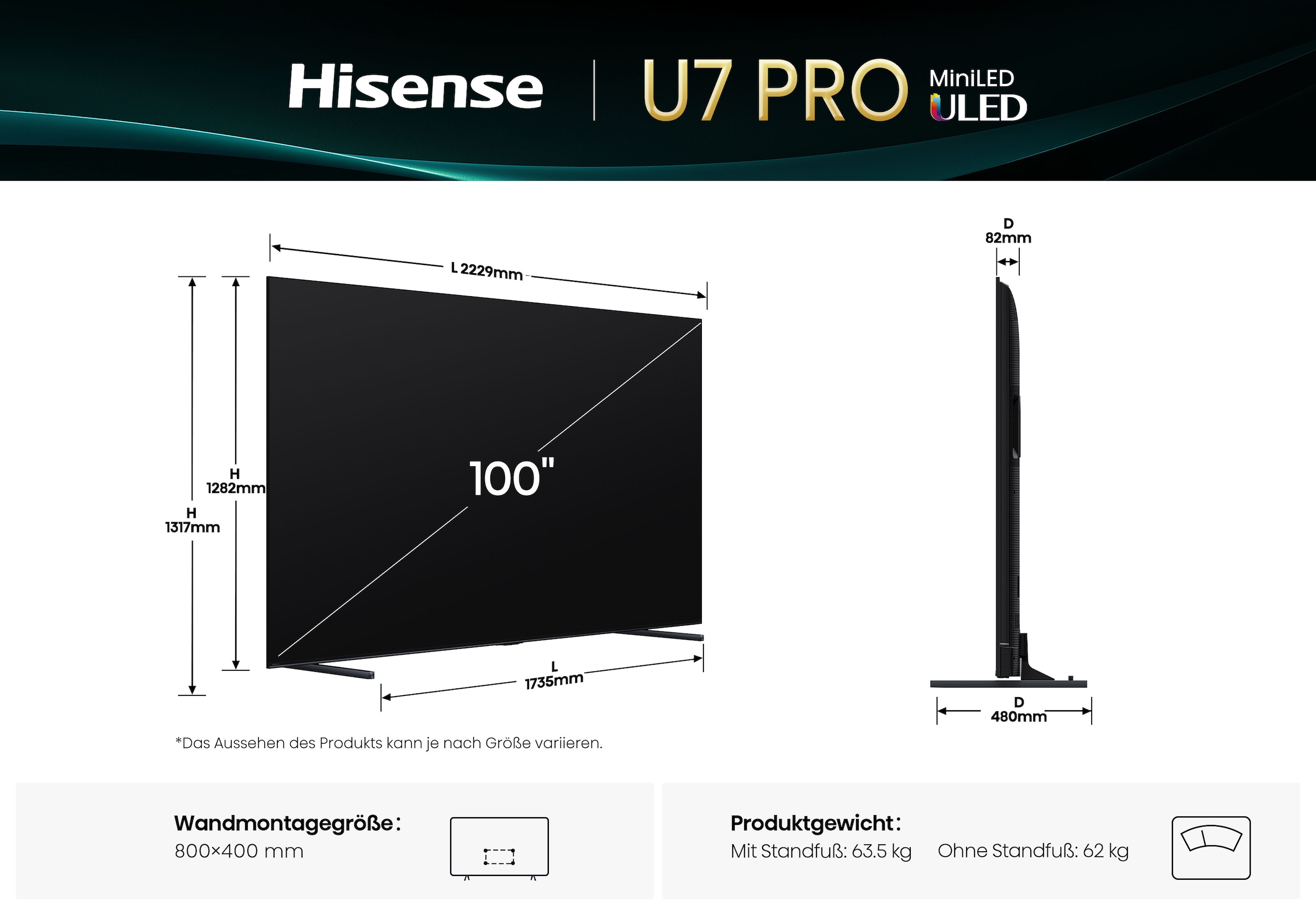 Hisense QLED Mini LED-Fernseher »100U7Q PRO« 253 cm/100 ″ Smart-TV 4K UHD MiniLED Smart TV