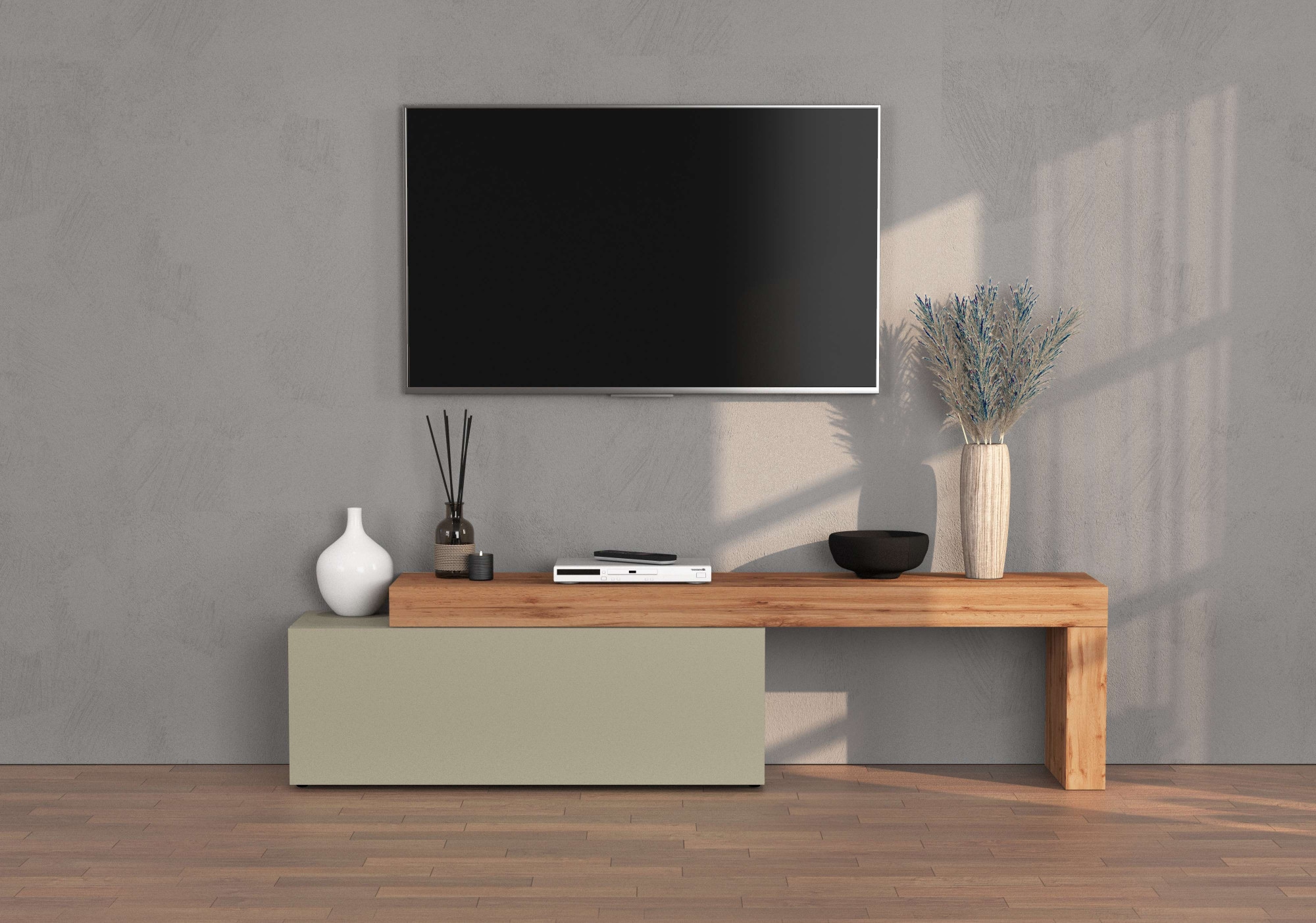 INOSIGN Lowboard »Chronos TV-Board, T-Schrank«, (1 St., Breite verstellbar von 180 bis 290 cm), Breite 240 cm TV-Board,Lowboard,1 Klappe und ein L-Förmiger Aufsatz