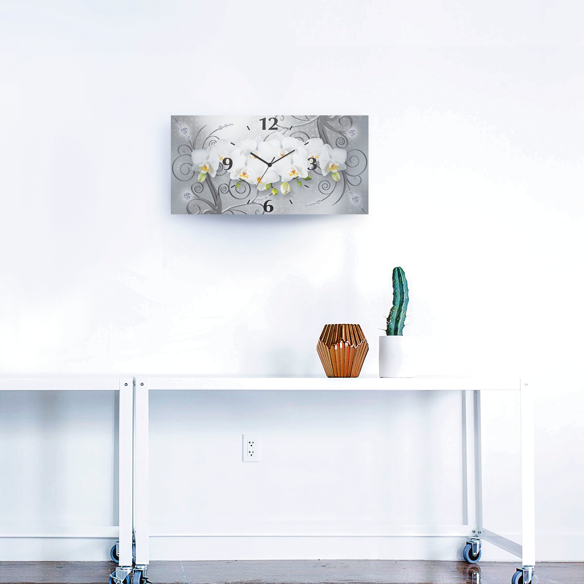 Artland Wanduhr »weiße Orchideen auf Ornamenten«, 3D Optik gebogen, mit Quarz- oder Funkuhrwerk, versch. Größen