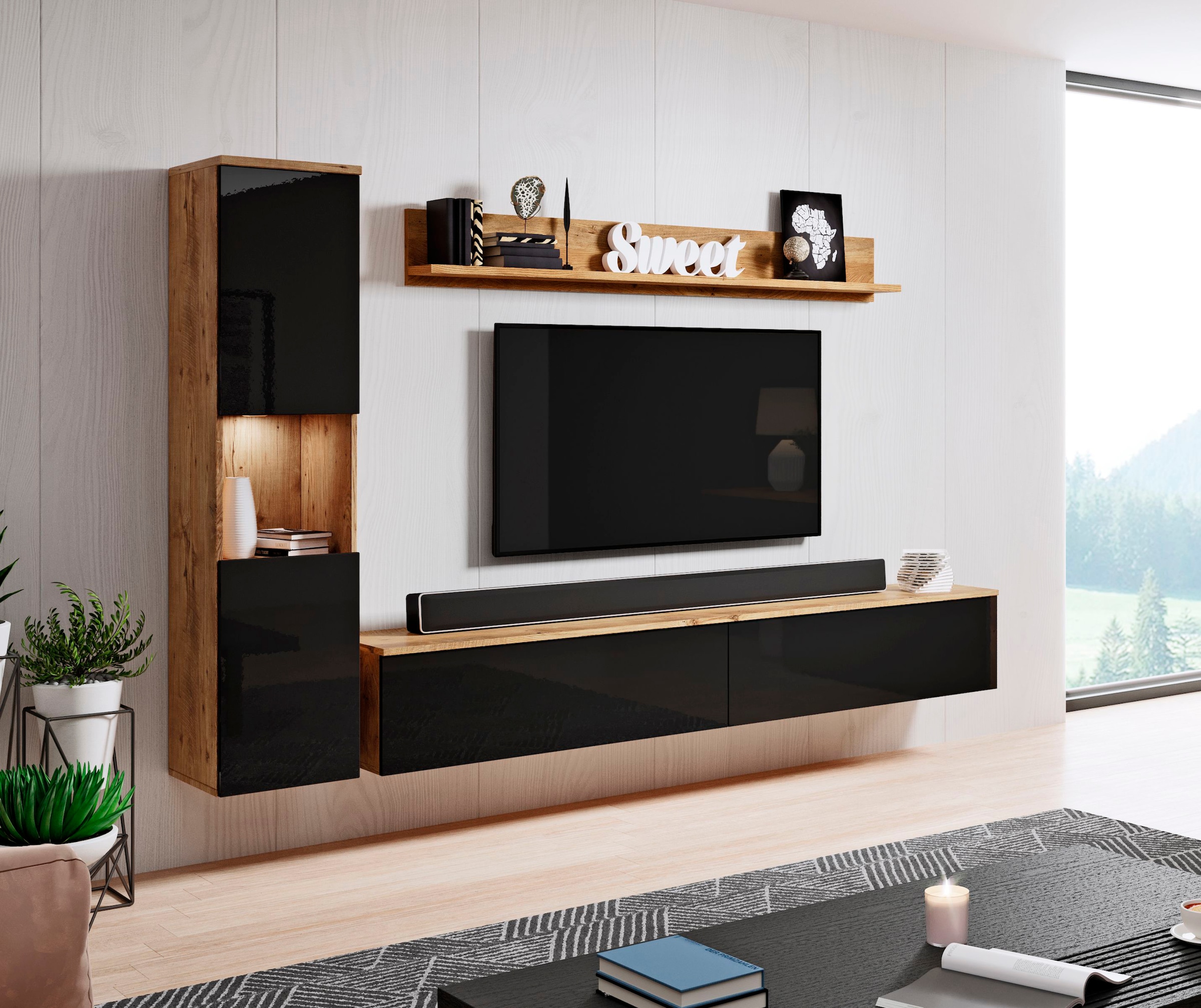 INOSIGN Wohnwand »PARIS«, (Komplett-Set, 3 St.), TV-Wand 220cm breite, grifflose Design, stehend und hängend montierbar