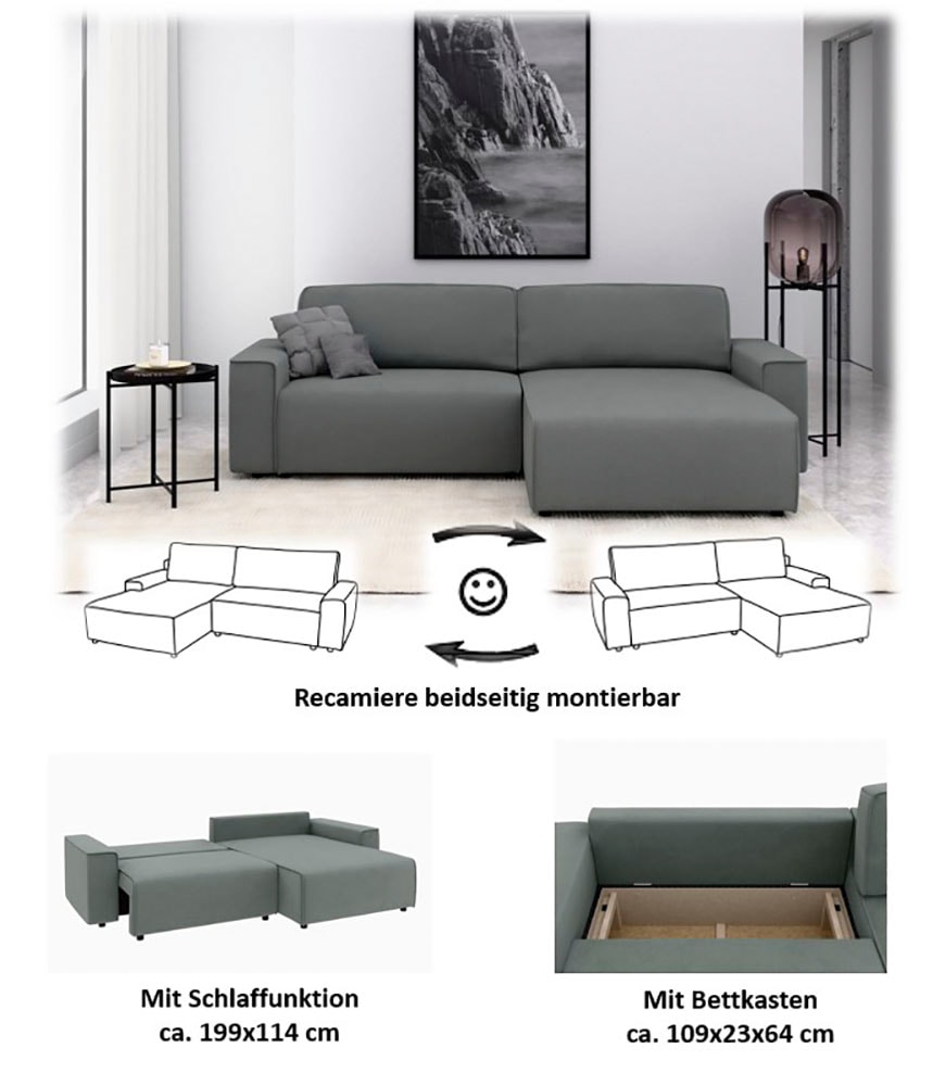 INOSIGN Ecksofa »Chance, Recamiere beidseitig montierbar, Schlaffunktion, Breite 265 cm« in Struktur fein LINO, mit Schlaffunktion und Bettkasten