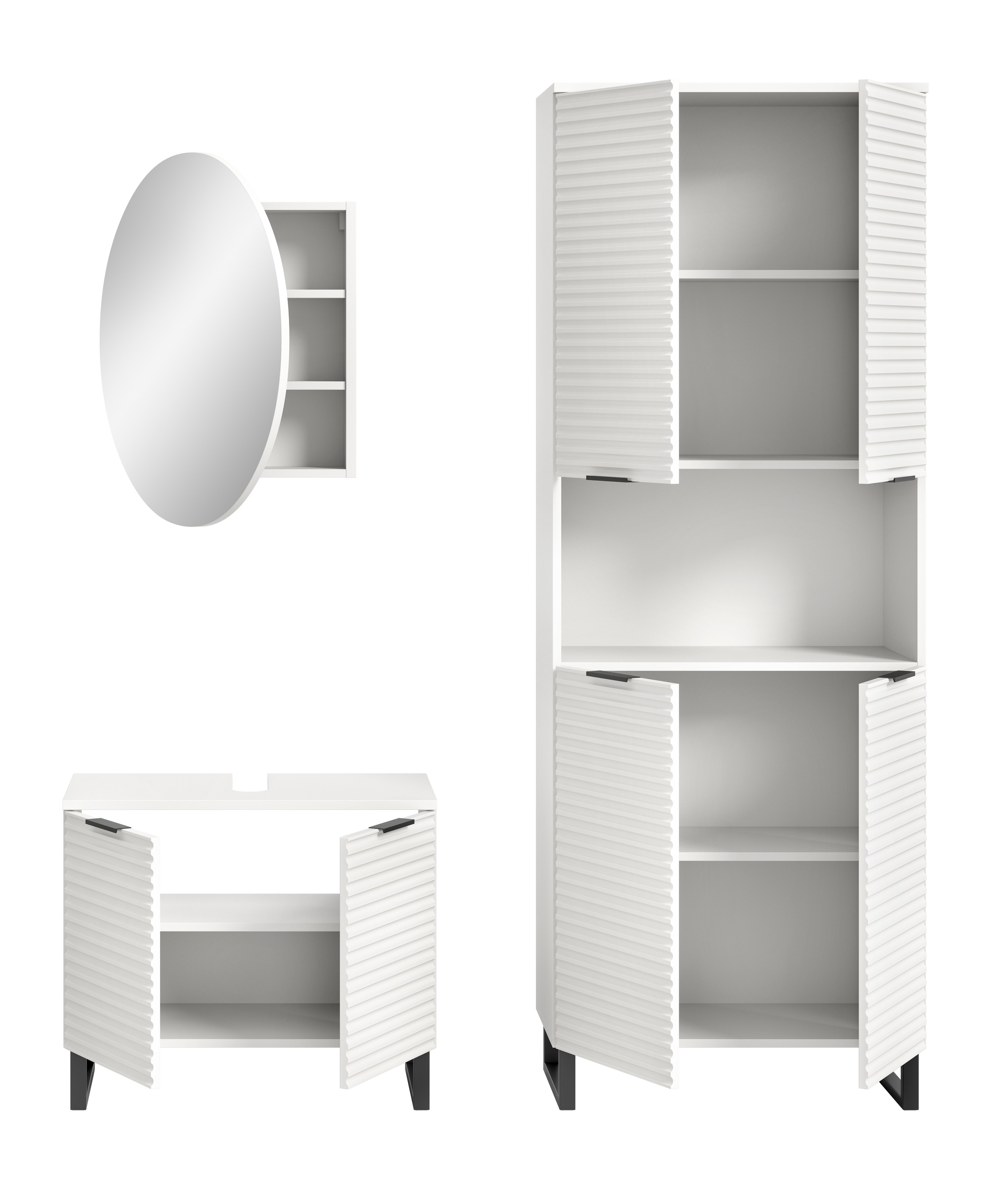 welltime Badmöbel-Set »Litica, Breite 155 cm, hochwertige Rillenfräsung, Metallkufen«, (3 St.), best. aus.: Waschbeckenunterschrank, Spiegelschrank, Hochschrank